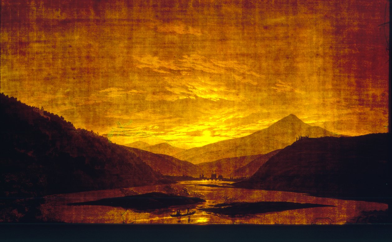Górski krajobraz rzeki nocą, 1830-35 (wc i tempera na przezroczystym papierze) (para do 242025) autorstwa Caspar David Friedrich