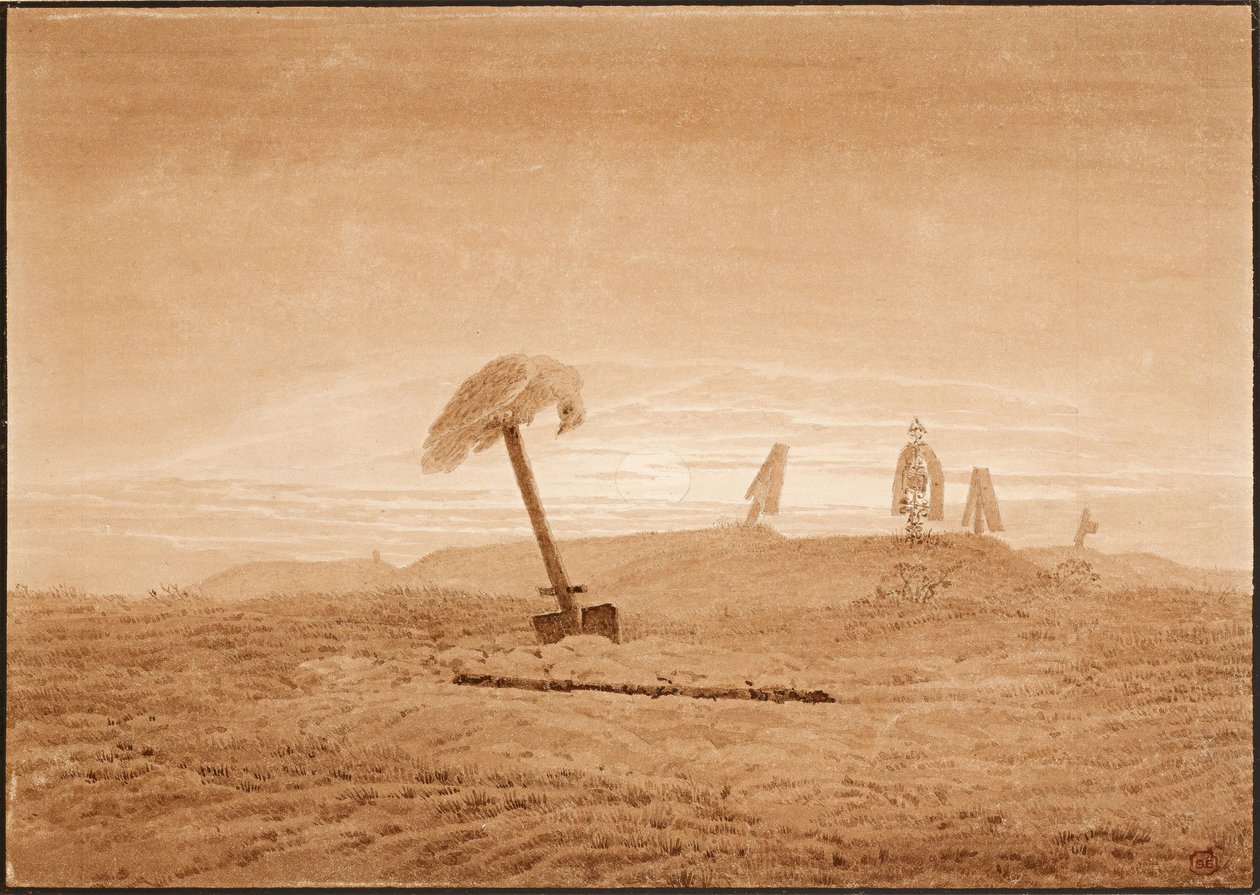 ""Krajobraz grobów"" (Krajobraz z grobami) Rysunek Caspara Davida Friedricha (1774-1840) ok. 1836 Wymiary 23,8x28,6 cm Albertina, Wiedeń autorstwa Caspar David Friedrich