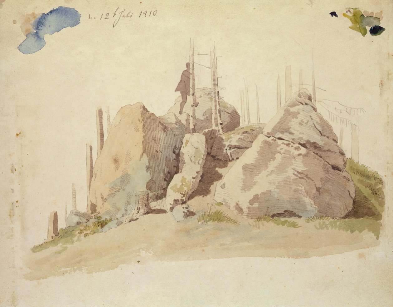 Rock and Tree: niedokończone studium, 12 lipca 1810 (toaleta i ołówek na papierze) autorstwa Caspar David Friedrich