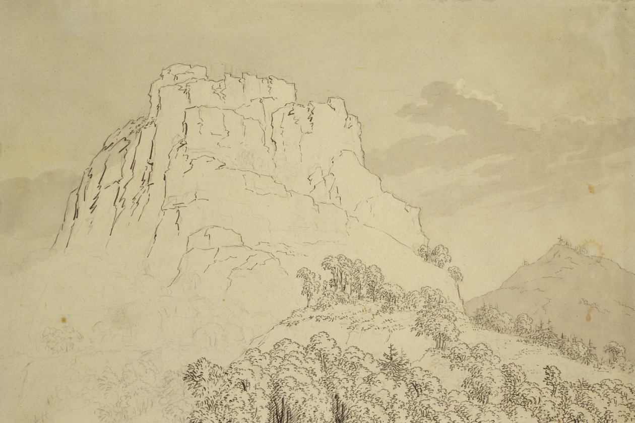 Skaliste wzgórze z zalesionym wzgórzem z przodu (ołówek, długopis i toaleta umyć na papierze) autorstwa Caspar David Friedrich