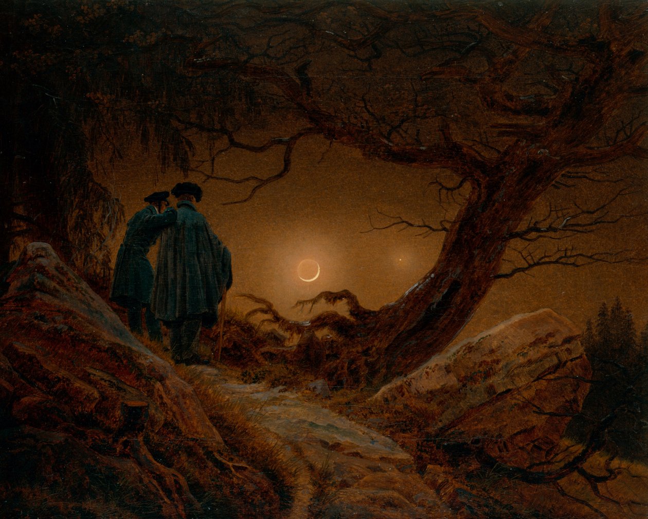 Dwóch mężczyzn kontemplujących księżyc autorstwa Caspar David Friedrich