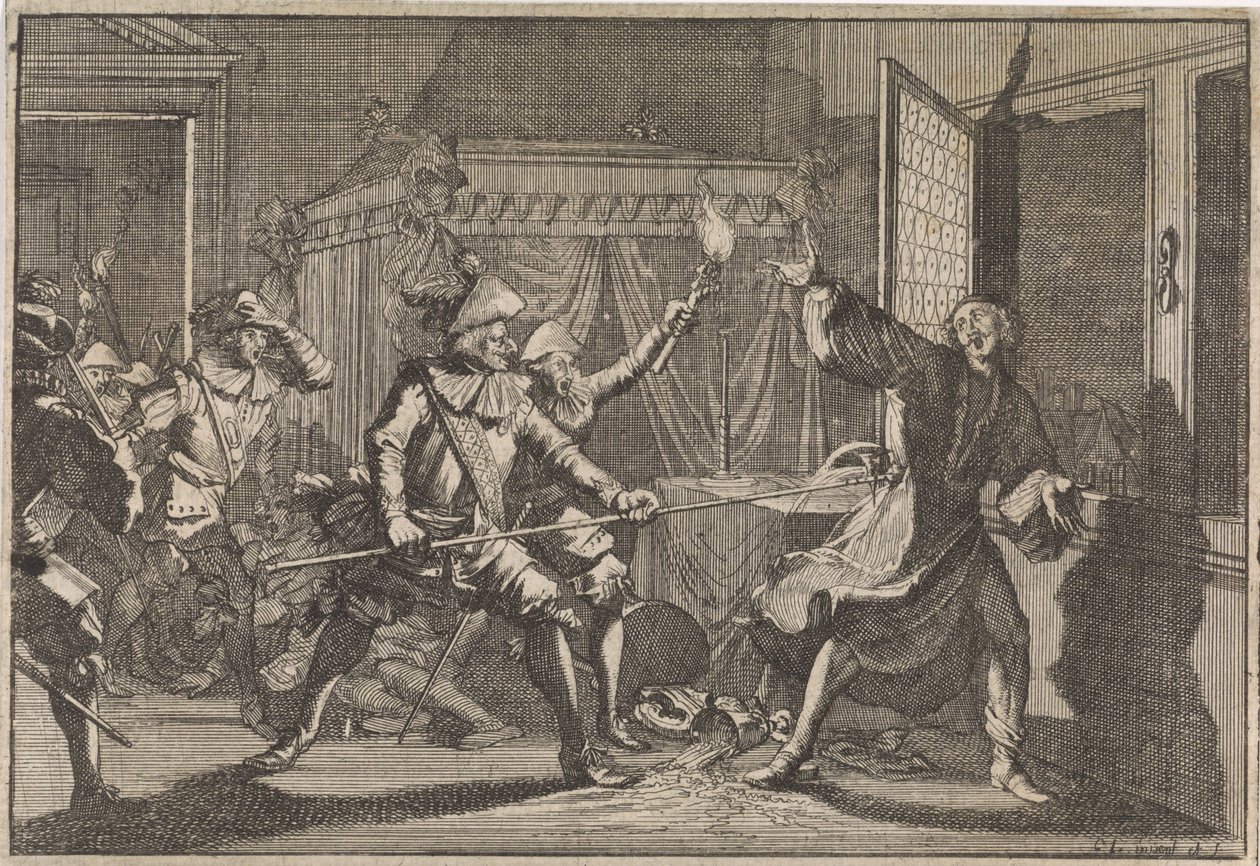 Albrecht von Wallenstein, książę Friedland, zostaje zamordowany przez własnych żołnierzy, 1634 autorstwa Caspar Luyken (attributed to)
