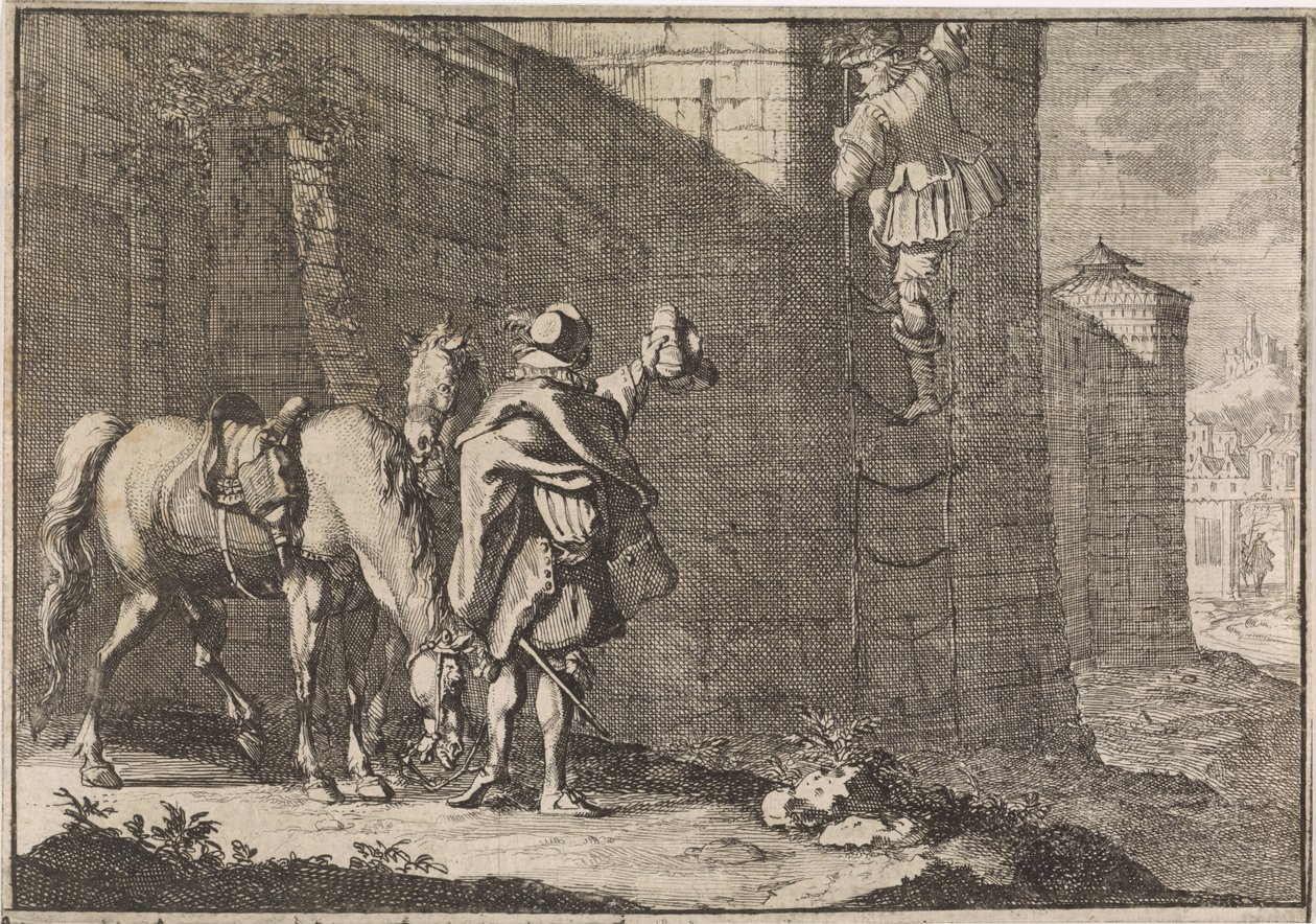 Generał Hans Georg von Arnim-Boitzenburg ucieka z więzienia za pomocą ładowarki linowej, 1638 autorstwa Caspar Luyken (attributed to)