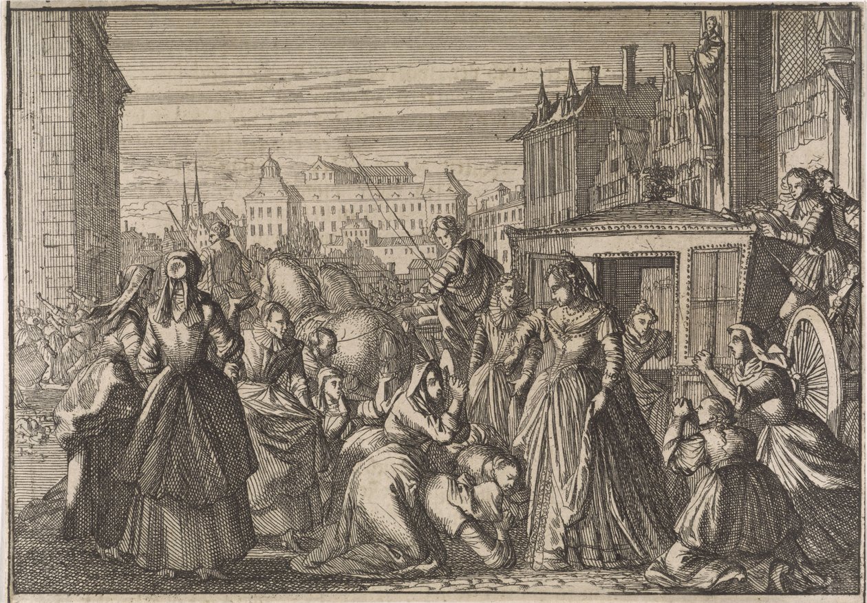 Kobiety klęczące przed królową Anną w Paryżu, błagające ją o obniżenie podatków, 1645 autorstwa Caspar Luyken (attributed to)