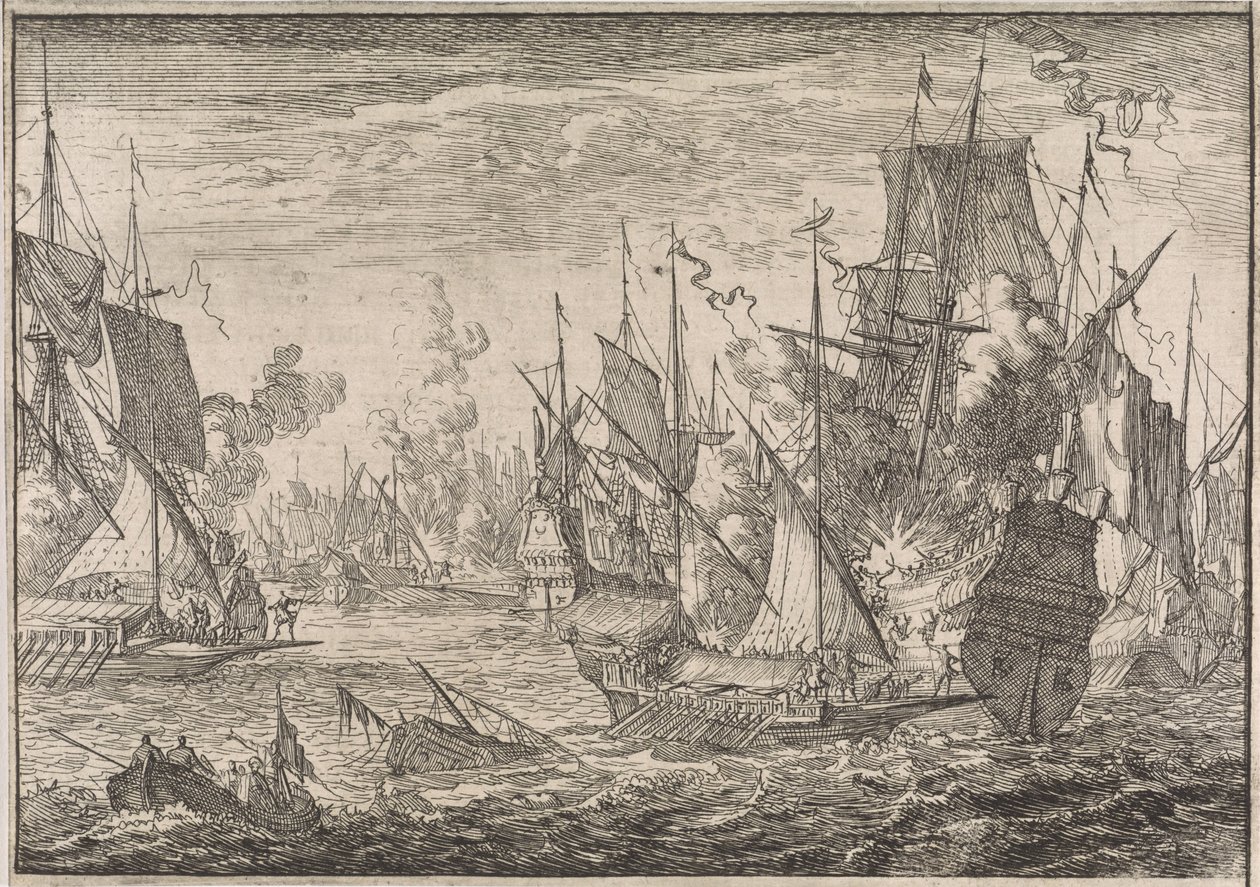 Bitwa morska między tureckimi okrętami wojennymi a galerami Kawalerów Maltańskich, 1644 autorstwa Caspar Luyken (attributed to)
