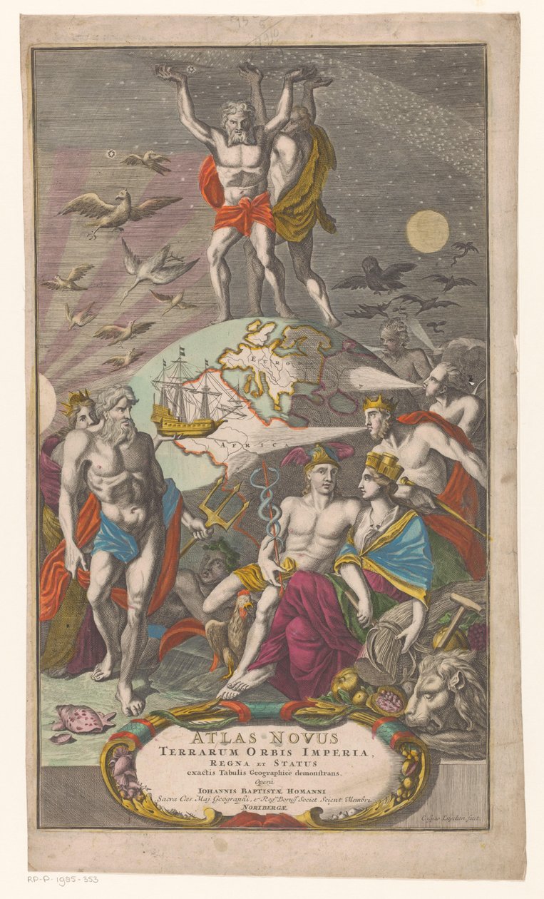 Atlas en Hercules dragen sternerhemel Titelpagina voor: Johann Baptista Homan, Nowy atlas światowych imperiów, królestw i stanów z dokładnymi tablicami geograficznymi, 1710 autorstwa Caspar Luyken