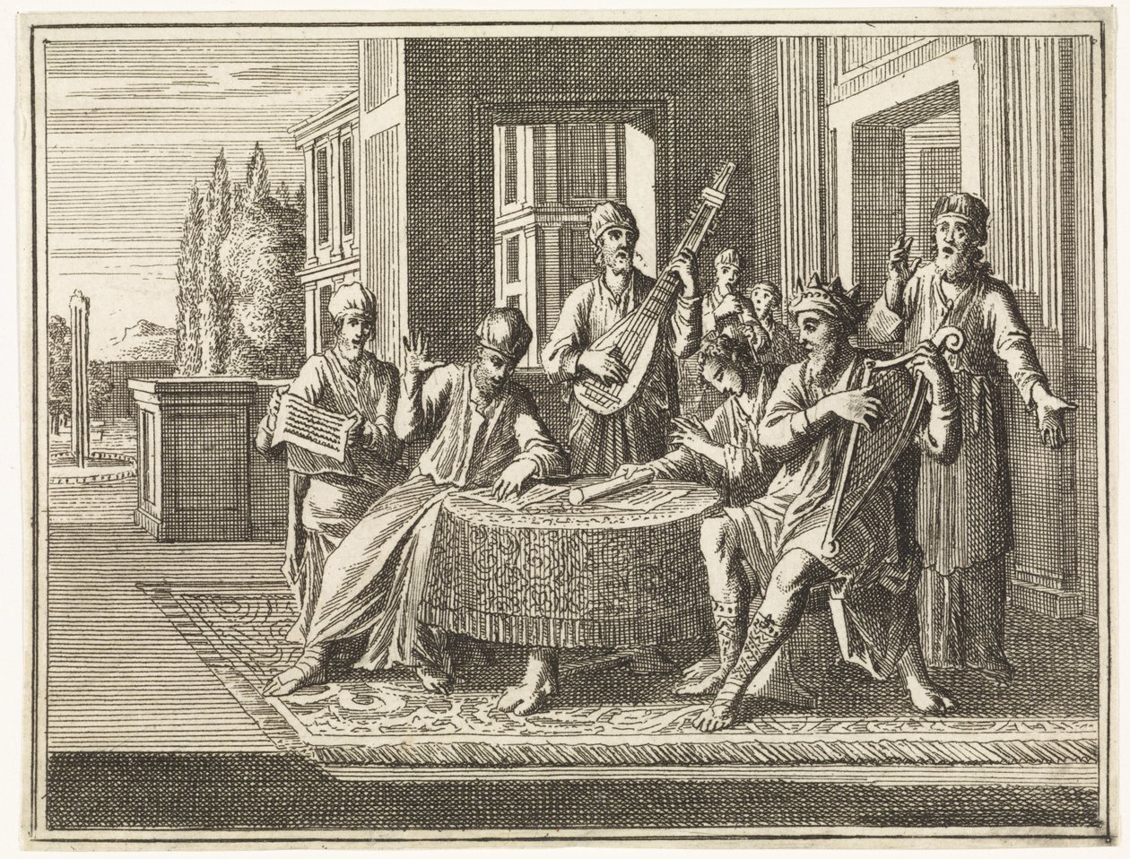 David siedzi przy stole i gra na harfie autorstwa Caspar Luyken