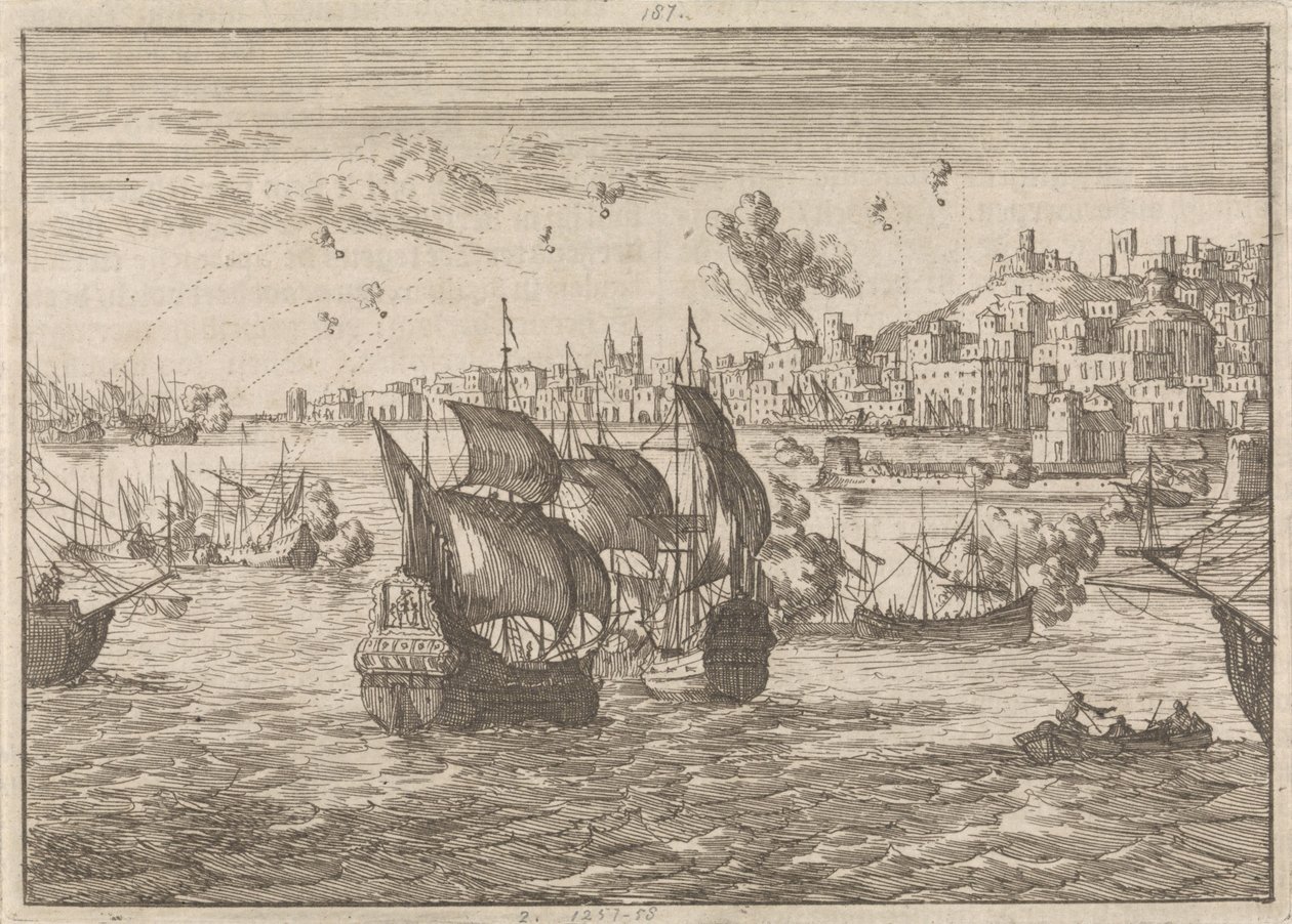 Genua zbombardowana przez flotę francuską, 1684 autorstwa Caspar Luyken