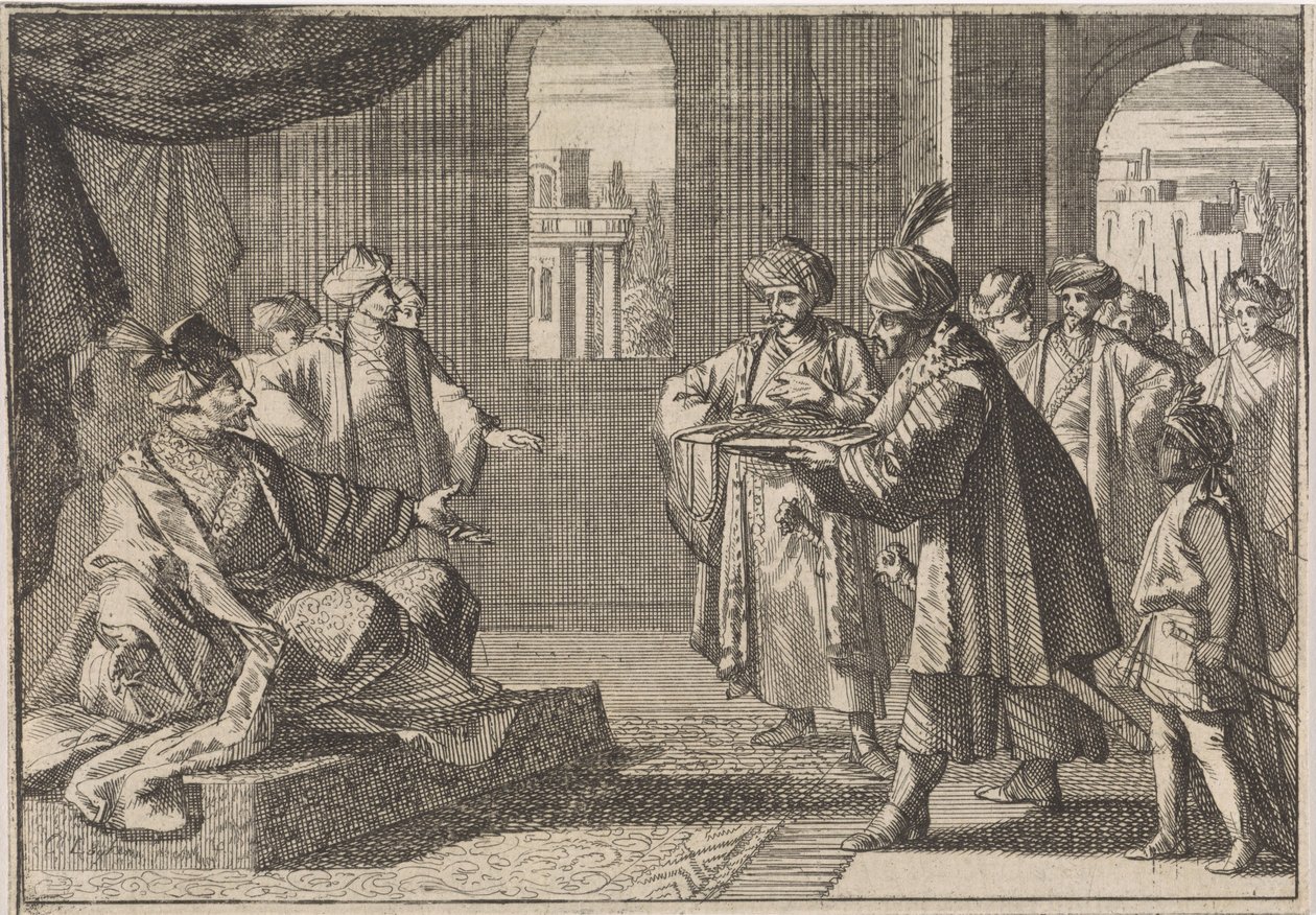 Guei-tschun, premier za cesarza Chongzhena, przynosi jedwabny sznur do powieszenia się, 1643 autorstwa Caspar Luyken