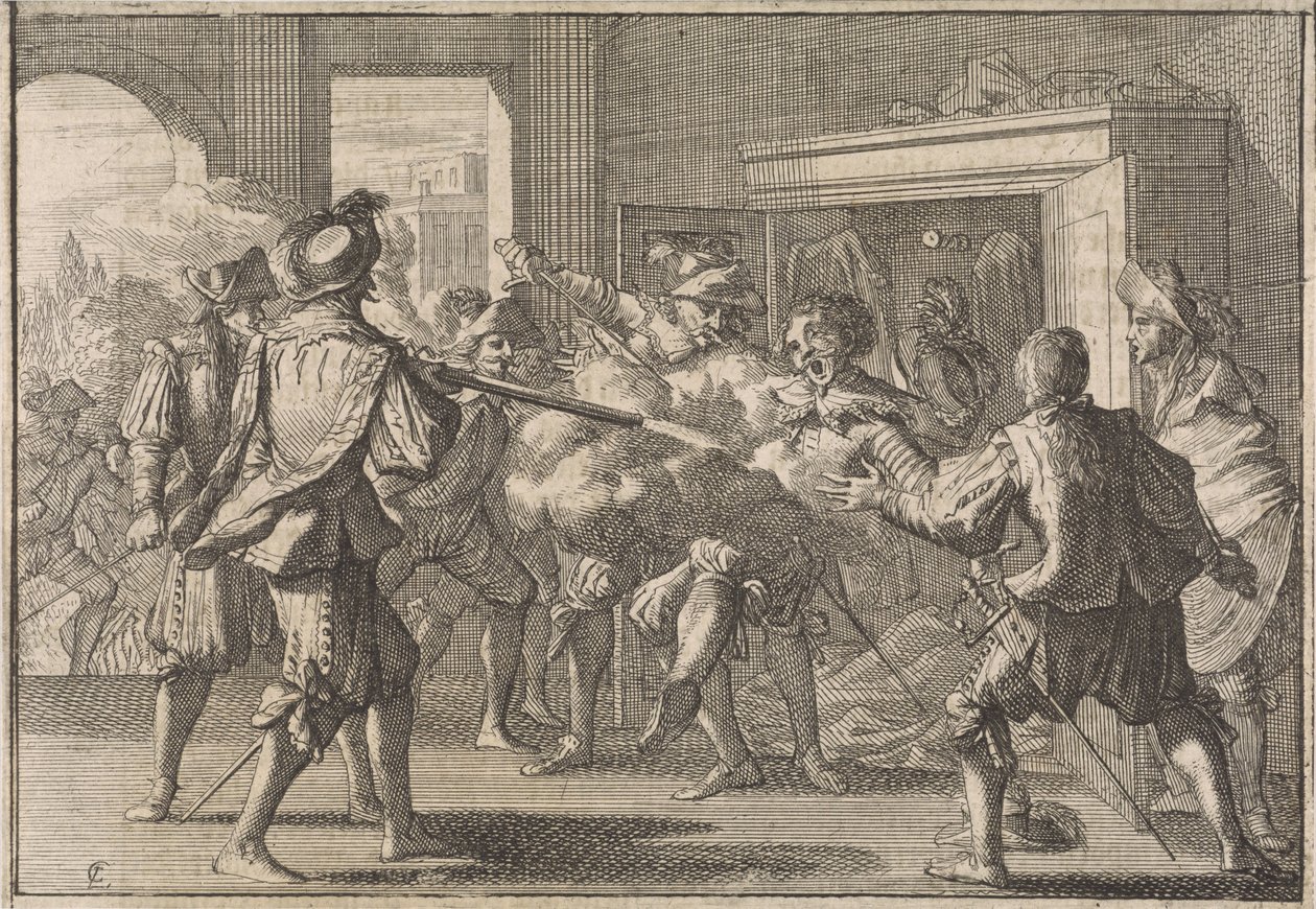 Miguel de Vasconcelos zostaje odkryty w szafie i zamordowany przez rozwścieczonych Portugalczyków, 1640 autorstwa Caspar Luyken