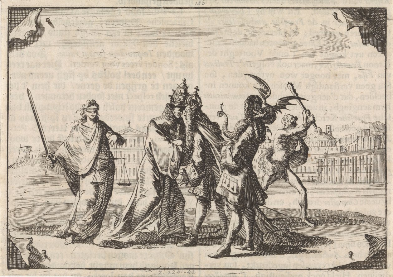 Karykatura o bitwie Ludwika XIV z papieżem Innocentym XI, 1687 autorstwa Caspar Luyken