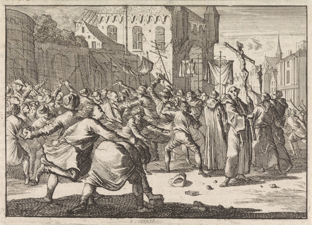 W Gdańsku lud wita procesja kamiennymi schodami, 1678 autorstwa Caspar Luyken