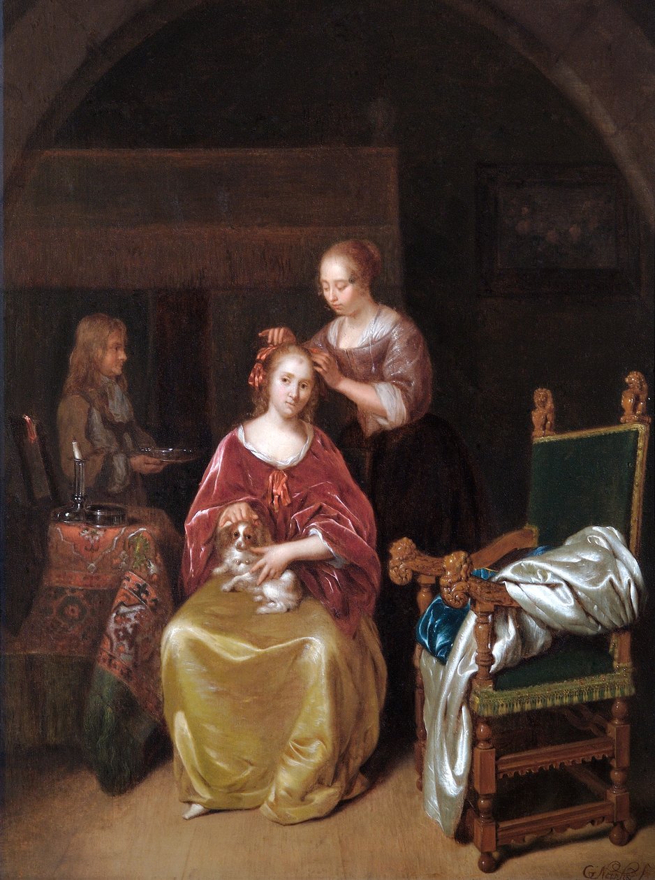 Dama w toalecie, ok. 1665 r. (olej na desce dębowej) autorstwa Caspar Netscher