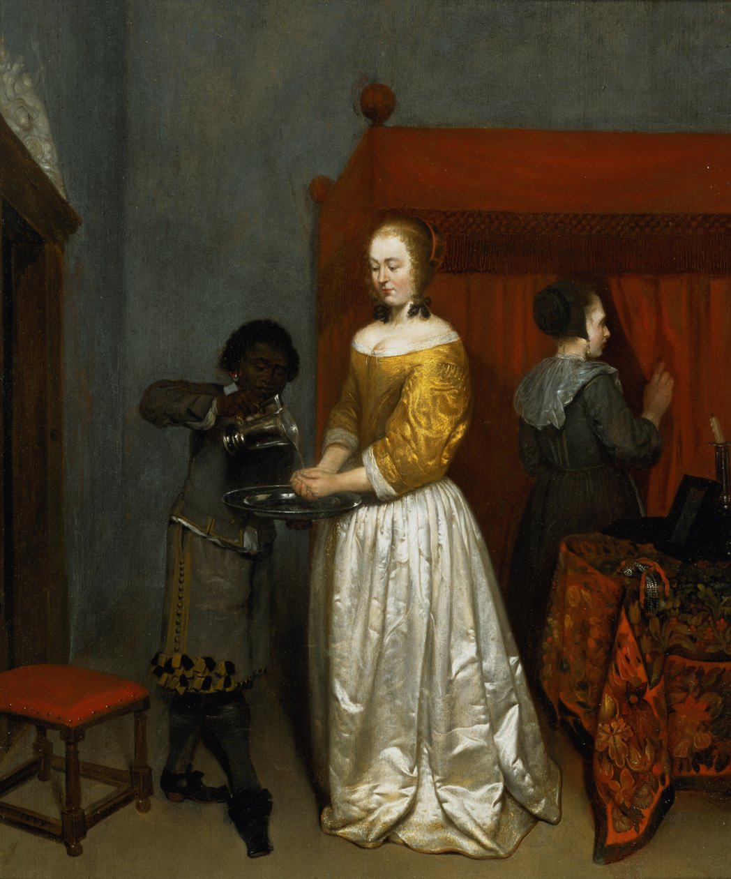 Dama myjąca ręce, 1657 (panel) autorstwa Caspar Netscher
