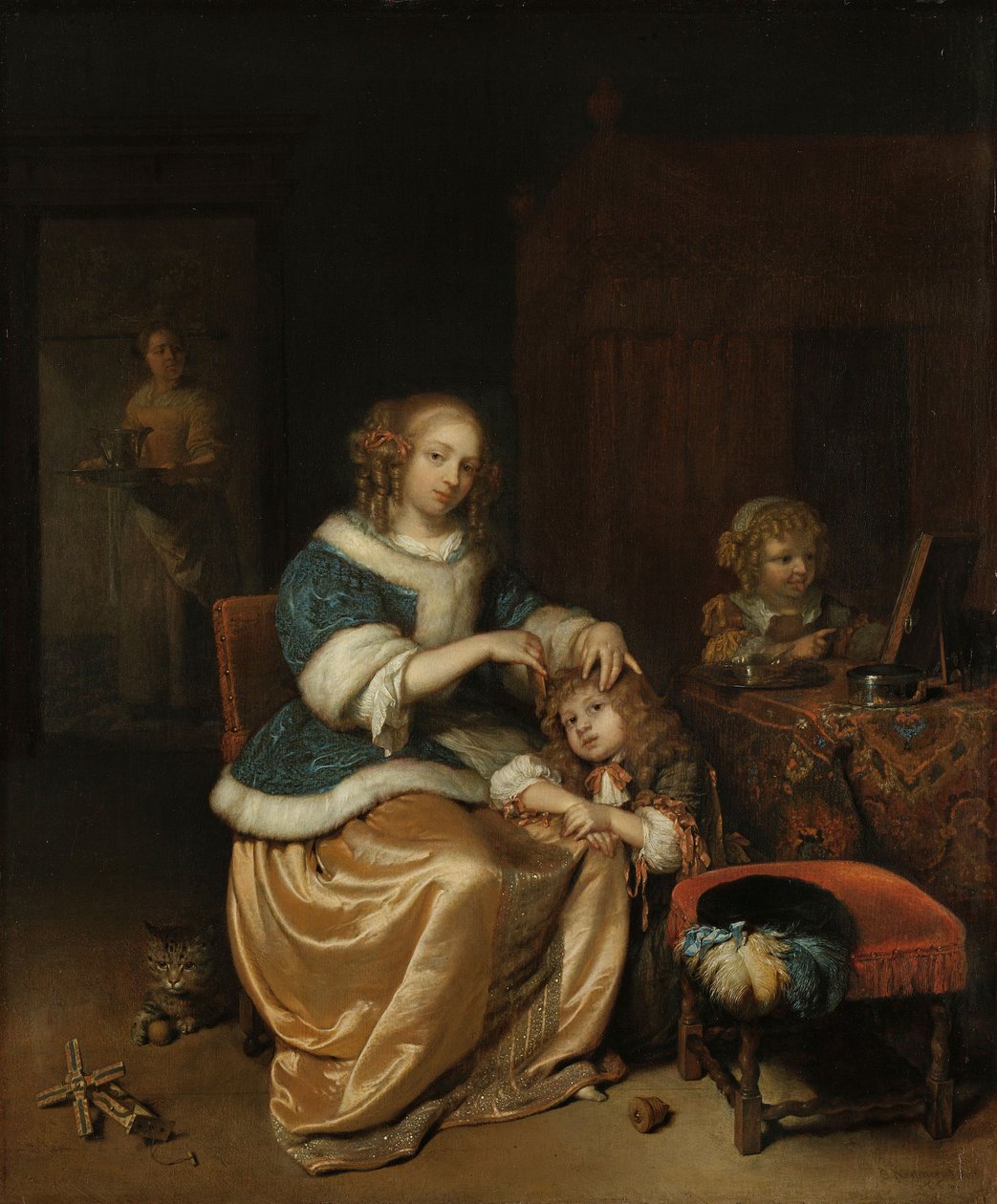Wnętrze z matką czeszącą włosy dziecka, znane jako „Maternal Care”, 1669 autorstwa Caspar Netscher