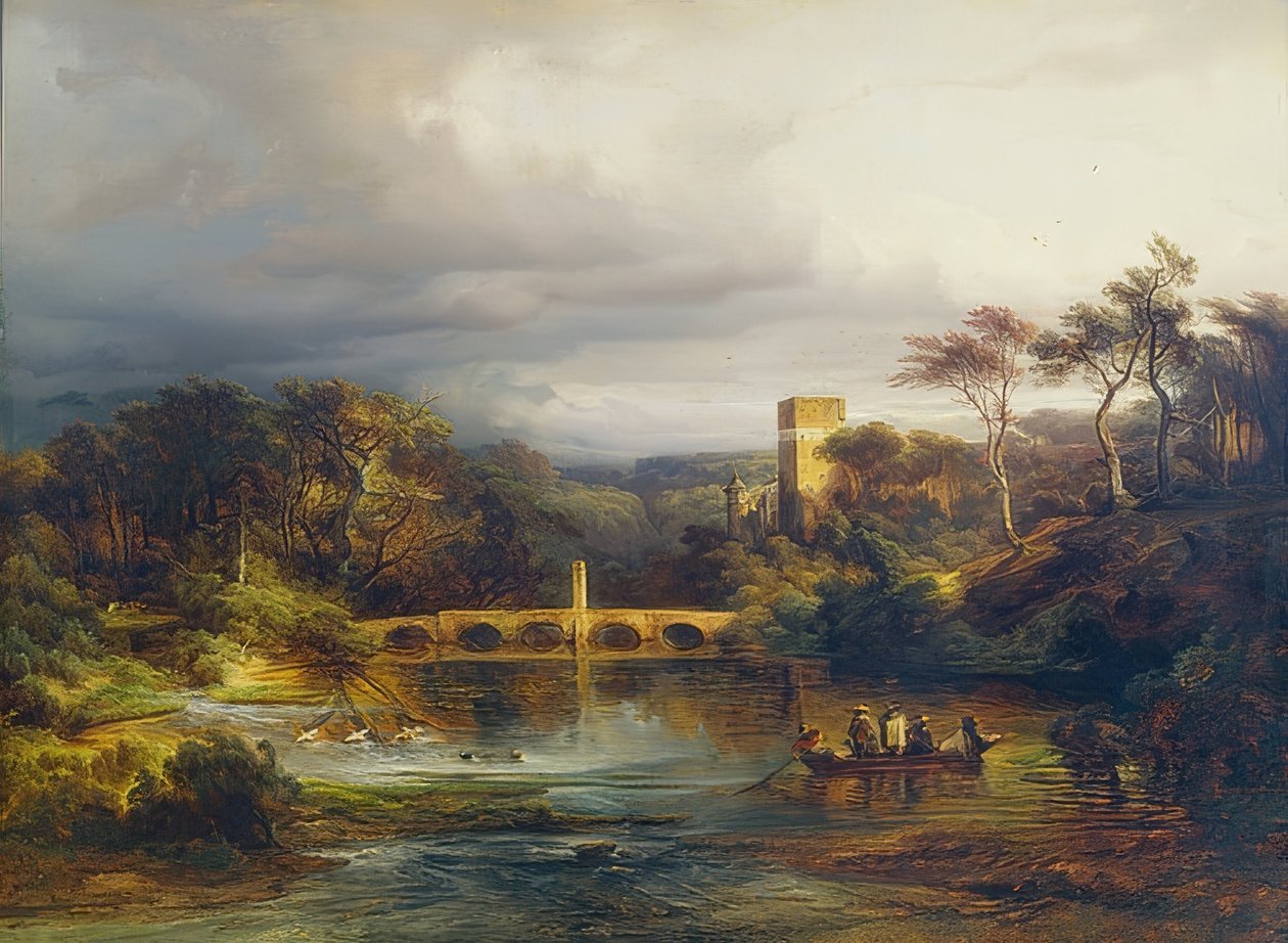Zamek nad jeziorem leśnym z żeglarzami i mostem łukowym. 1846 autorstwa Caspar Scheuren