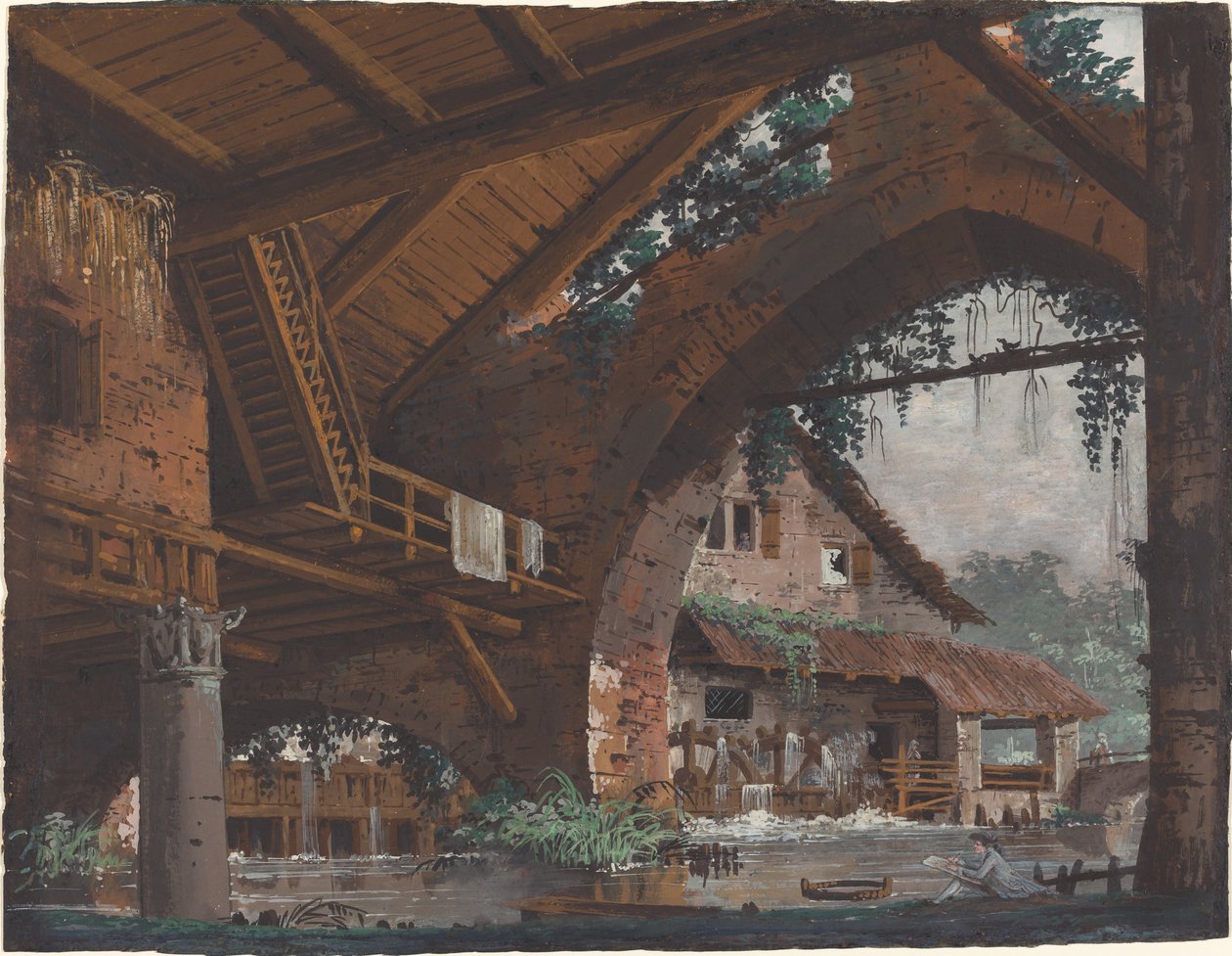 Fantazja architektoniczna antycznych ruin z młynem wodnym autorstwa Caspar Wolf
