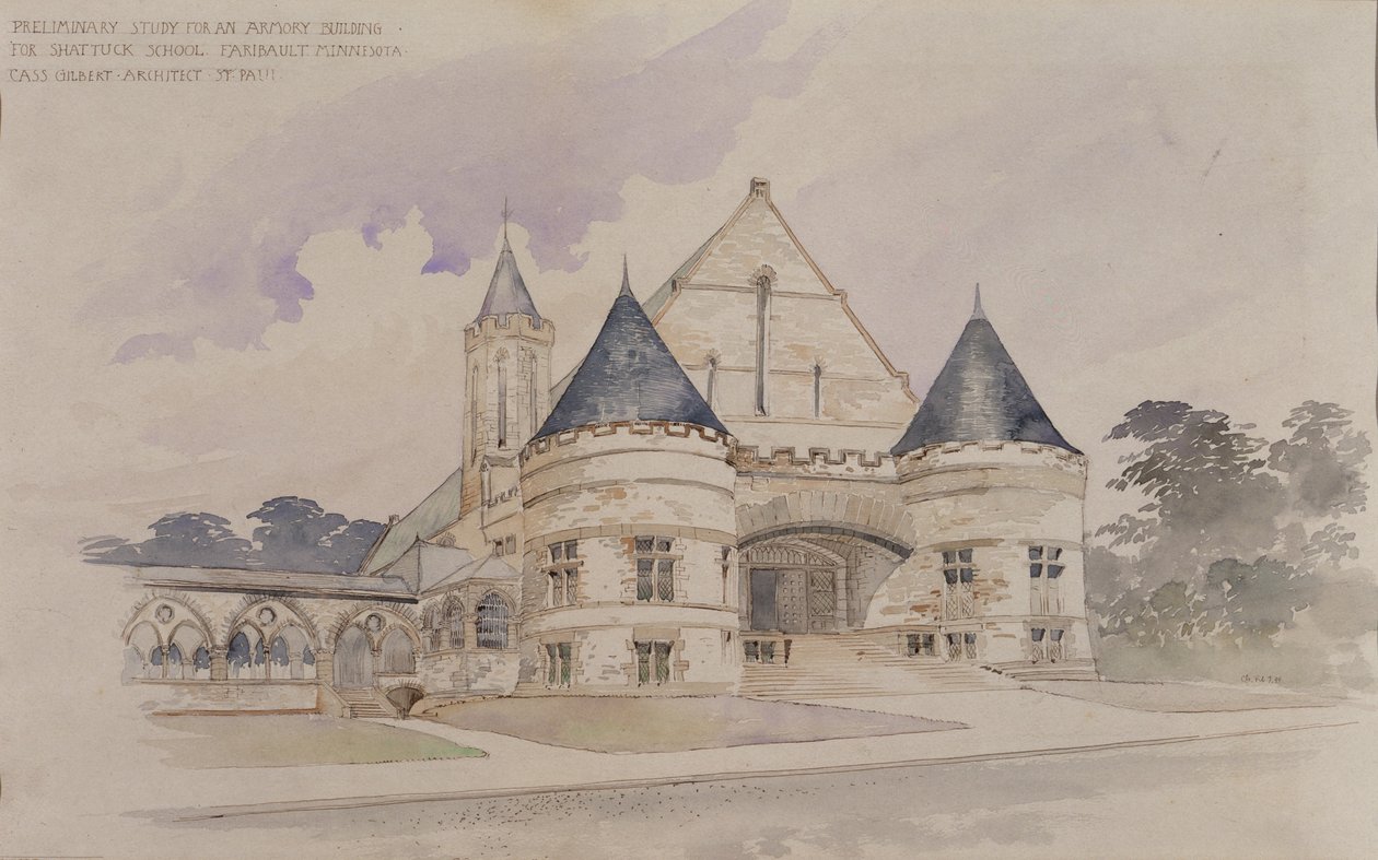 Wstępne studium budynku zbrojowni dla szkoły Shattuck, Faribault, Minnesota autorstwa Cass Gilbert