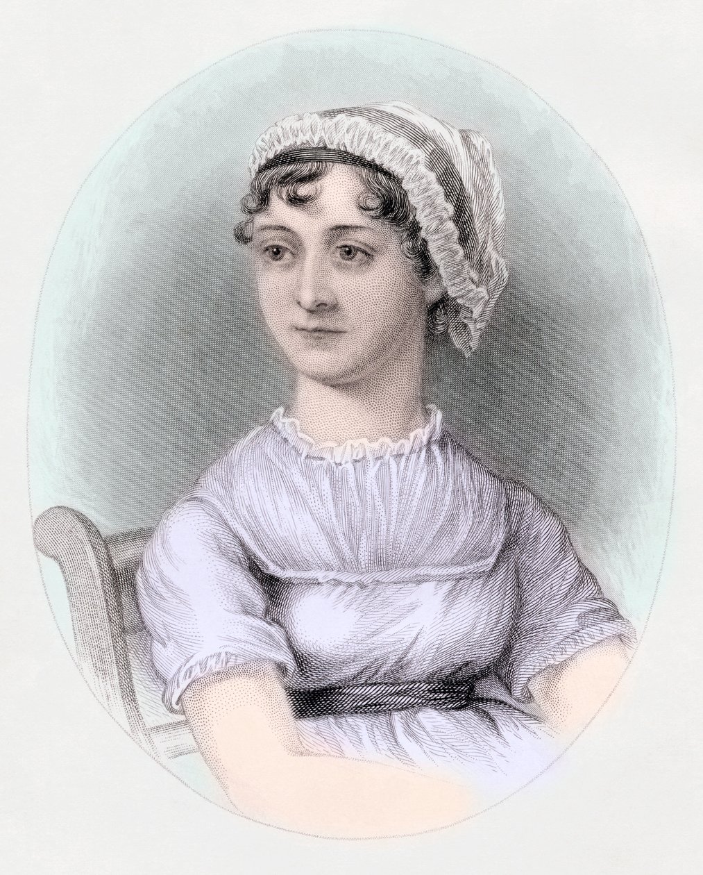 Portret Jane Austen, ok. 1850 (ręcznie barwiony grawerunek) autorstwa Cassandra (after) Austen