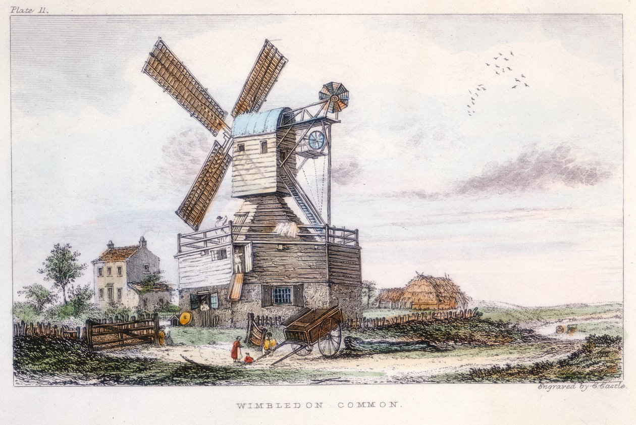 Młyn pocztowy, Wimbledon Common, koło Londynu, ok. 1840 r. autorstwa Castle