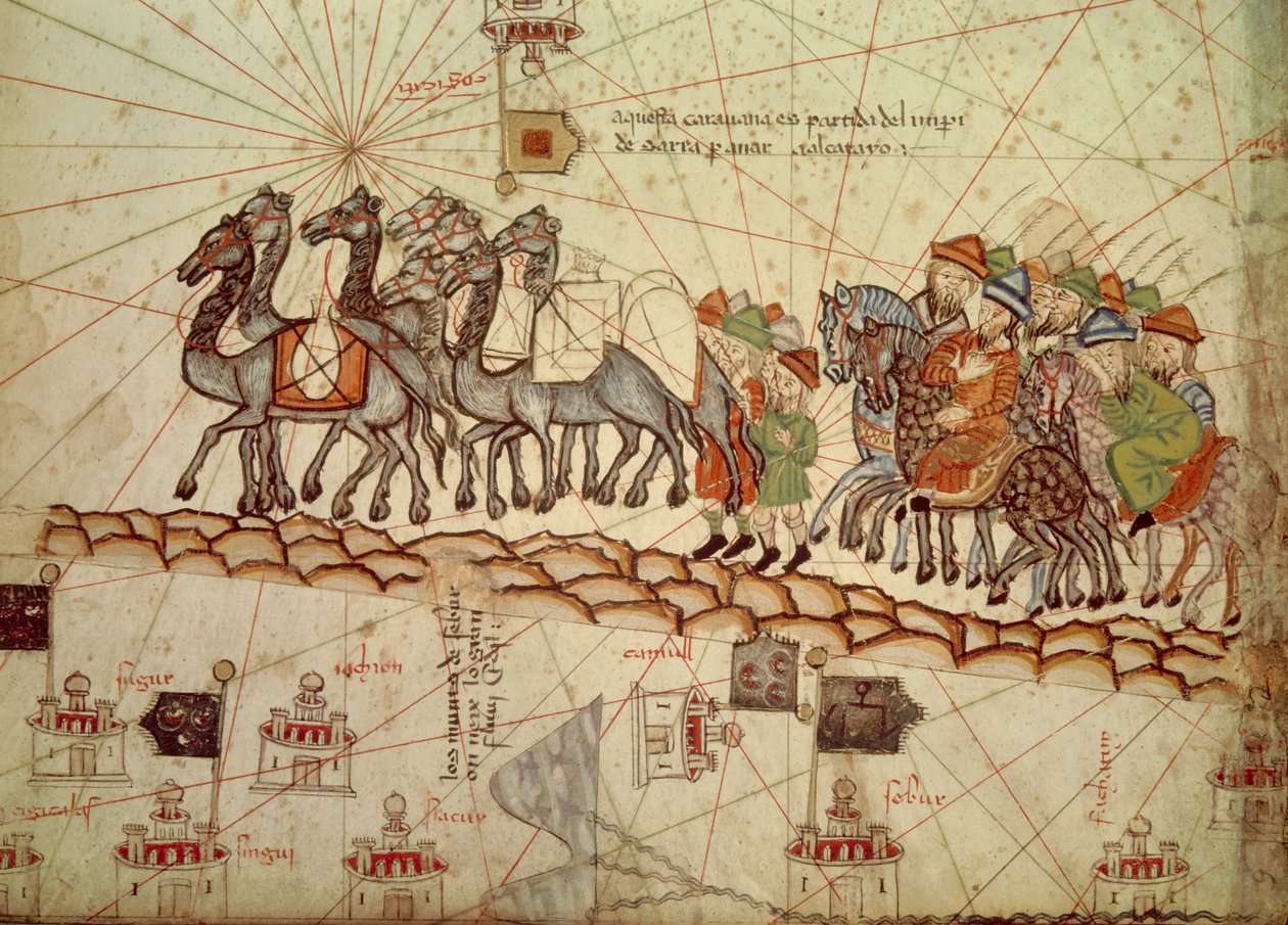 Fragment katalońskiej mapy morskiej (portulan) przedstawiającej Azję z XIII wieku, na której widać karawanę zmierzającą w kierunku Kataju (nazwa nadana przez Marco Polo, aby zaprojektować region północnych Chin): Szlak Jedwabny, którym pokonał Marco Polo.  autorstwa Catalan School