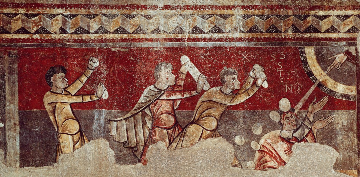 Ukamienowanie św. Szczepana, ok. 1100 (fresk przeniesiony na płótno) autorstwa Catalan School