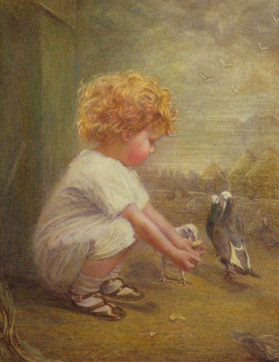 Mała dziewczynka karmiąca gołębie autorstwa Catherine P. Brooker