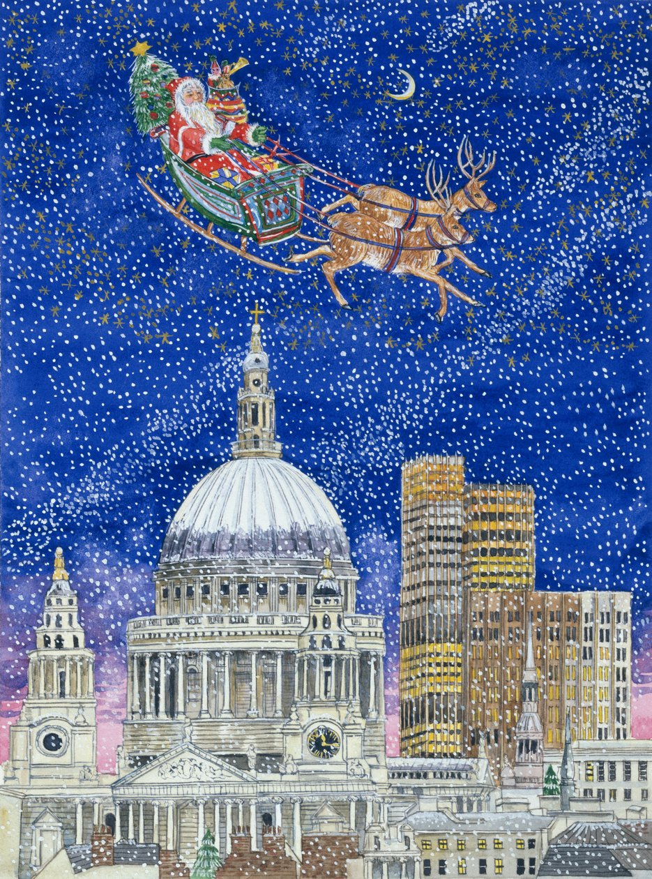 Święty Mikołaj lecący nad Londynem (wc na papierze) autorstwa Catherine Bradbury