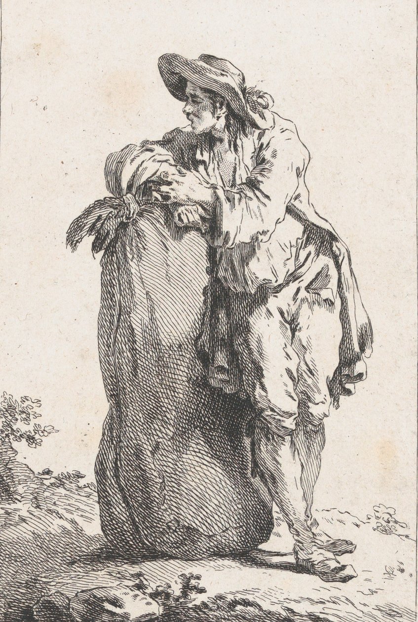 Chłop oparty na worku zboża, 1758. autorstwa Catherine Francoise Beauvarlet