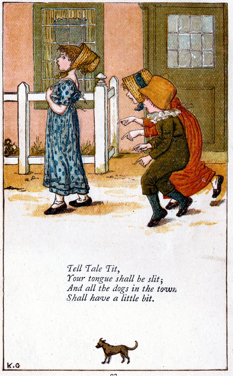 Ilustracja do „Tell tale tityour tounge will be slit”, Kate Greenaway 1846-1901 autorstwa Catherine Greenaway