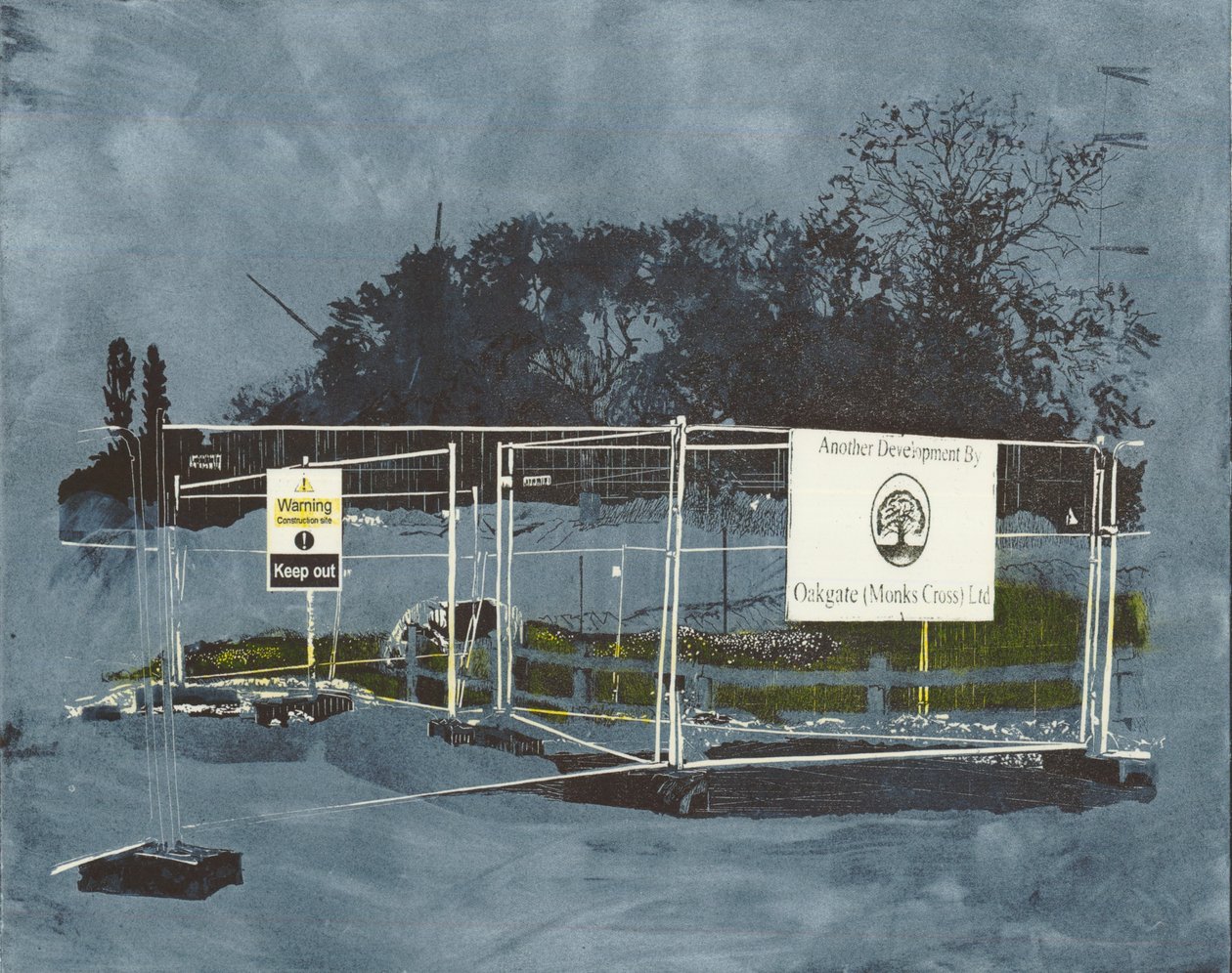 Wpływ na krajobraz, 2014 (linoryt i akwaforta) autorstwa Catherine Sutcliffe Fuller
