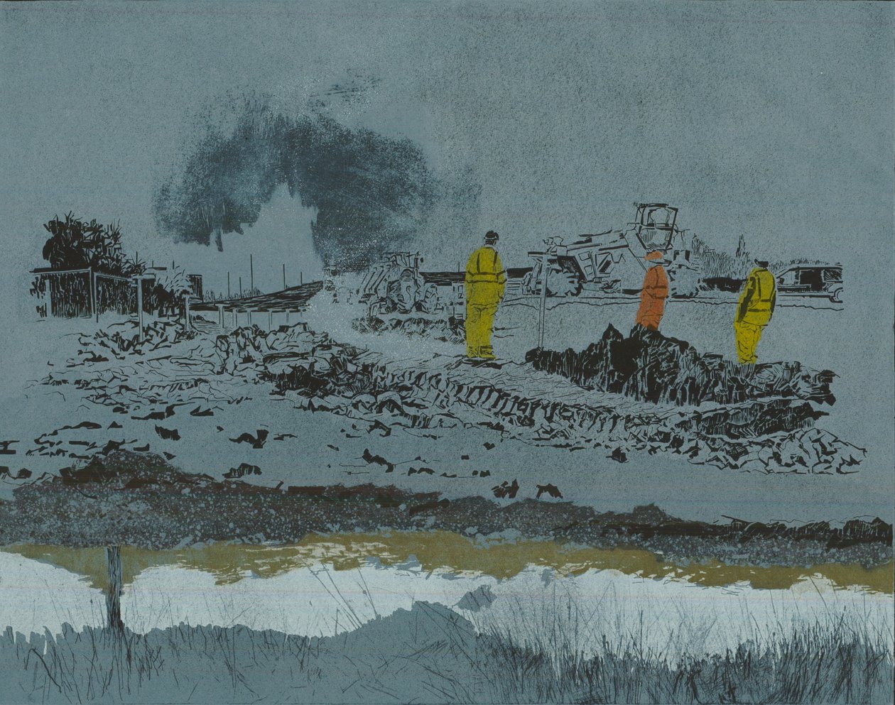 Wapno na ziemi, 2014 (linoryt i akwaforta) autorstwa Catherine Sutcliffe Fuller