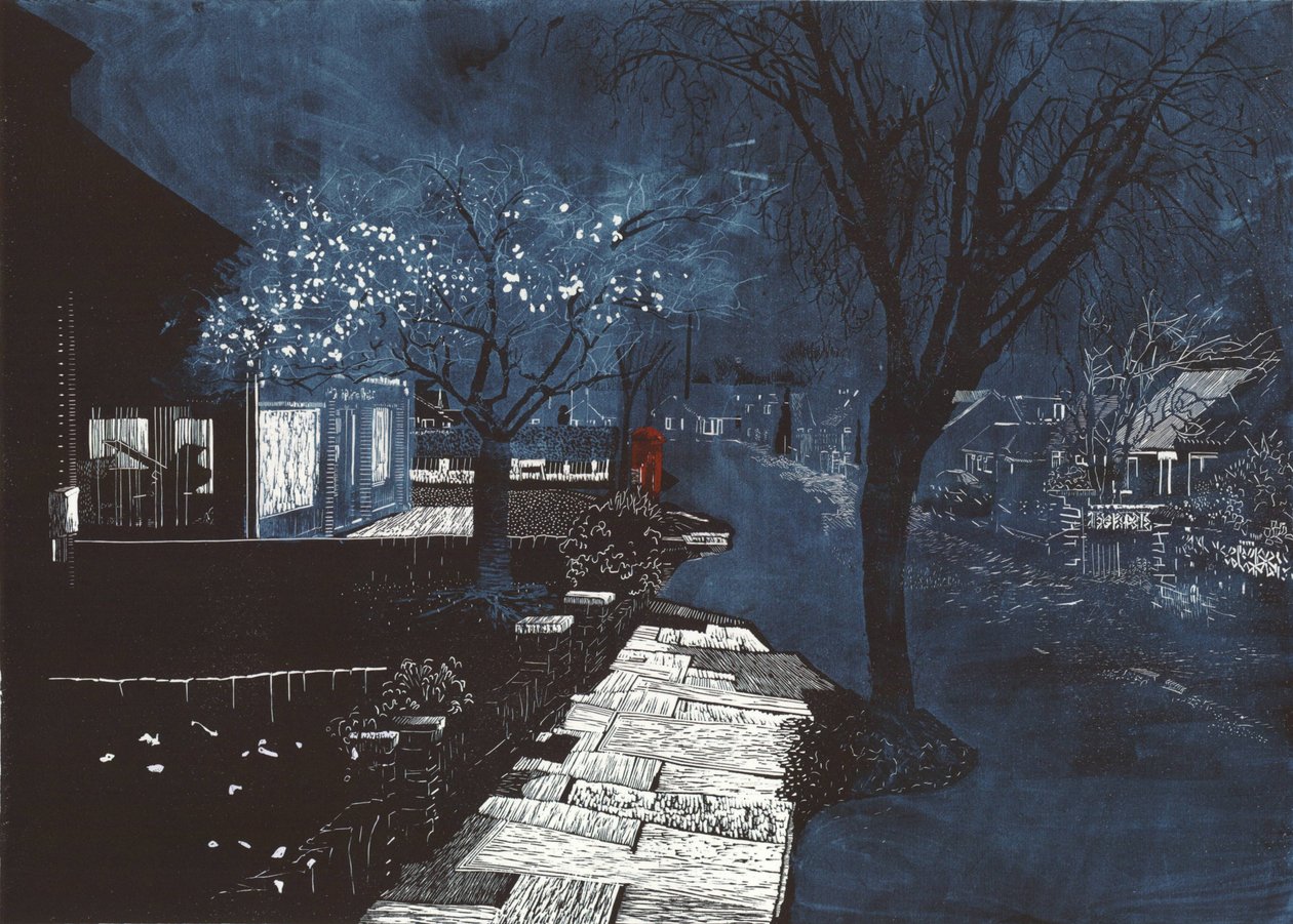 Dźwięk muzyki na przedmieściach, 2012 (linoryt i akwaforta) autorstwa Catherine Sutcliffe Fuller