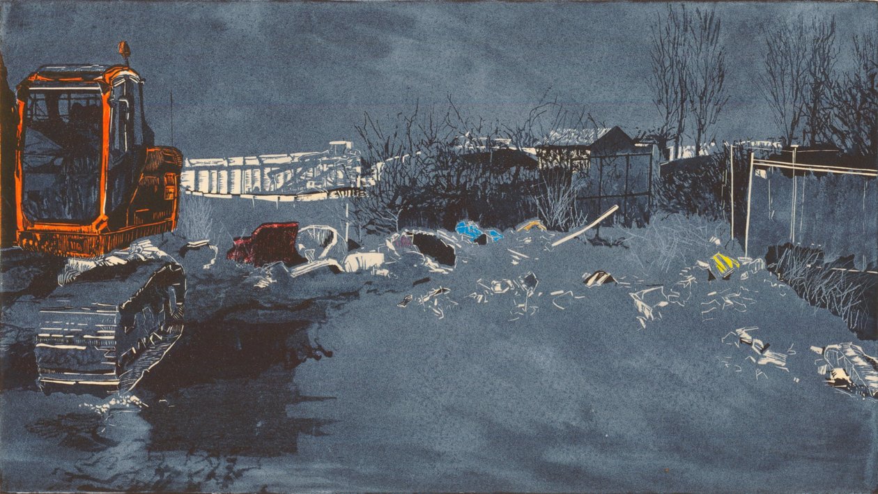Szeroka przestrzeń z 300 traszkami, 2014 (linoryt i akwaforta) autorstwa Catherine Sutcliffe Fuller