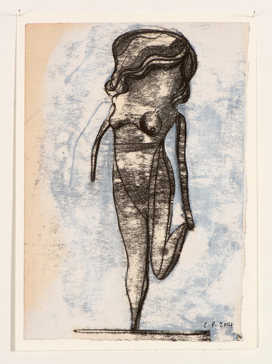 Lalka na jednej nodze, 2014 (monoprint i farba akrylowa) autorstwa Cathie Pilkington