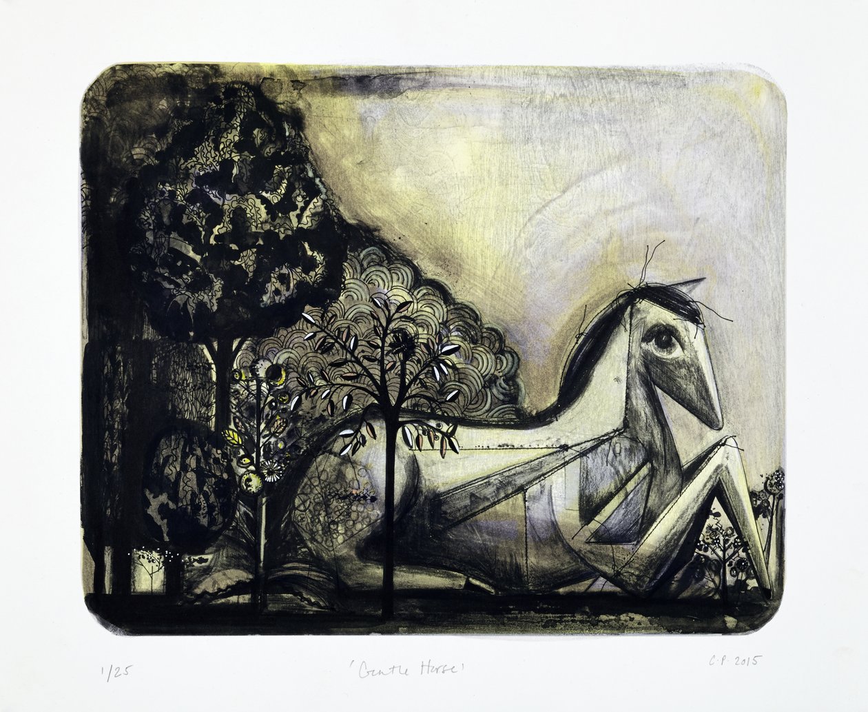 Gentle Horse, 2015 (litografia mokulito z ręcznym kolorowaniem) autorstwa Cathie Pilkington