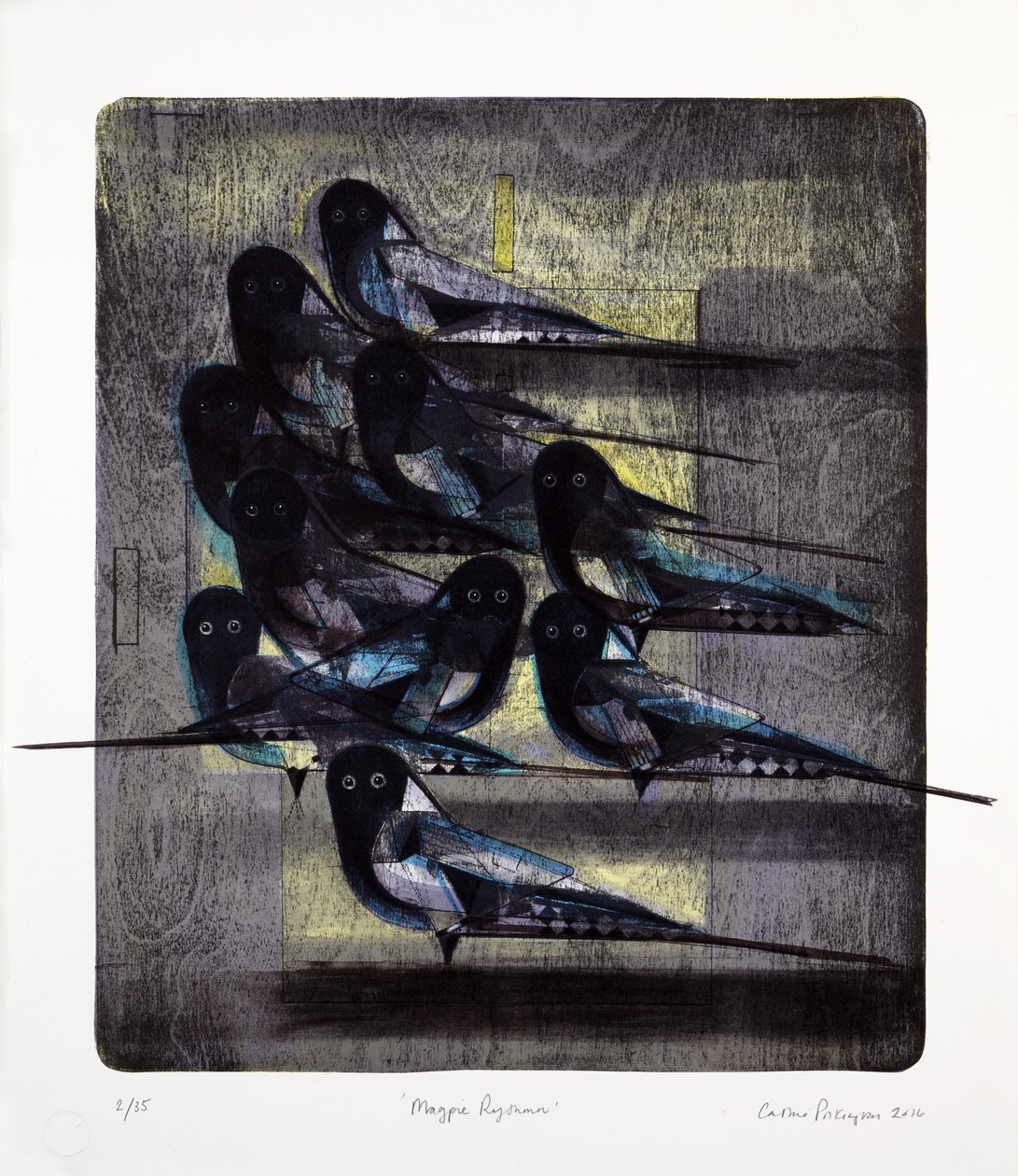 Magpie Rhythm, 2016 (litografia mokulito z ręcznym kolorowaniem) autorstwa Cathie Pilkington