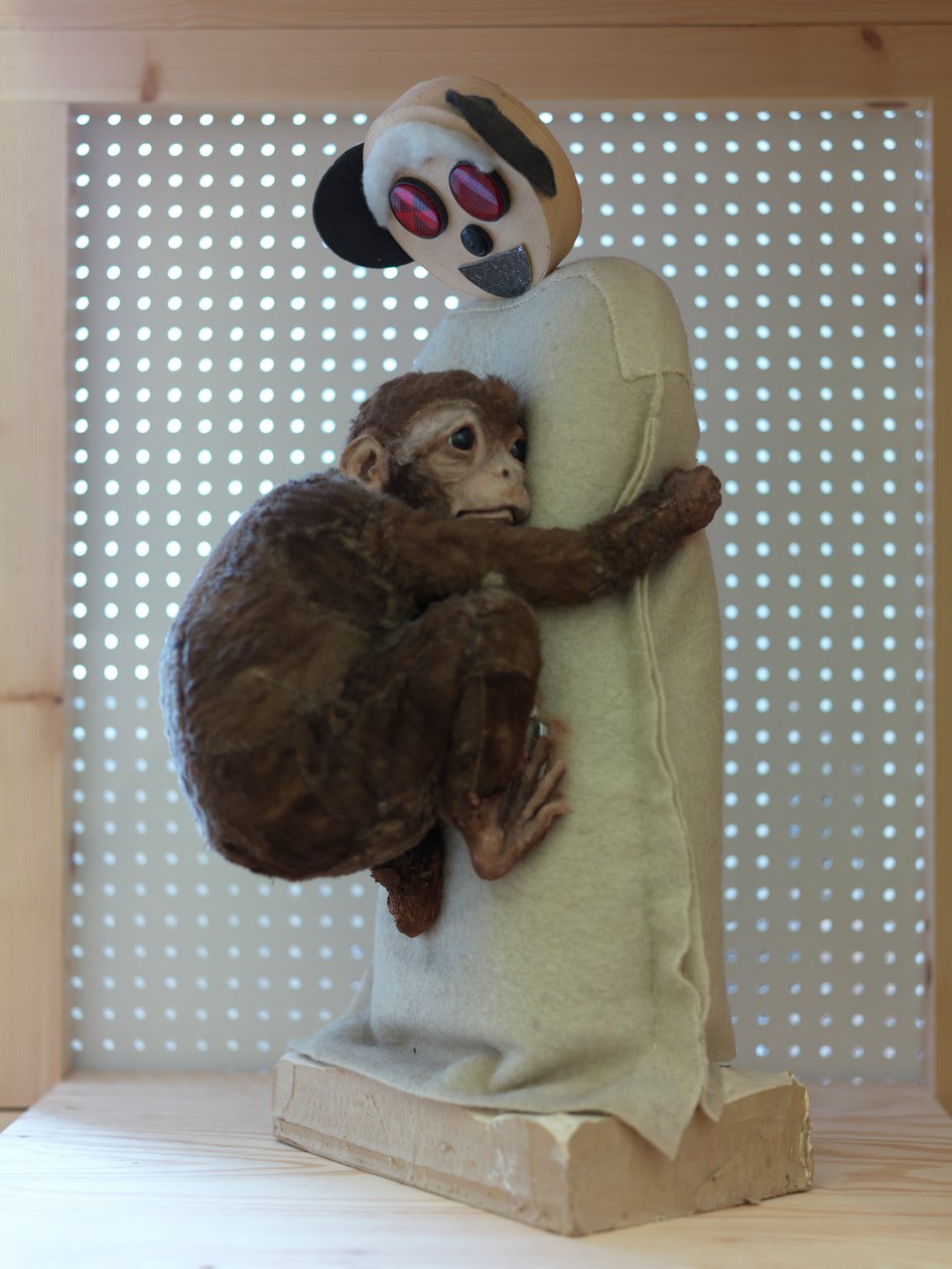 Surrogate, 2007 (jesmonit, farba, futro, wełniany koc, pudełko po serze, reflektory, gips) autorstwa Cathie Pilkington