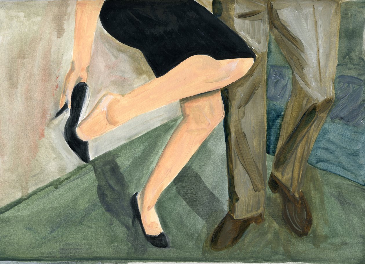 27.09.09 - Tańczyli tak mocno, że musiała zdjąć buty, 2009 (olej na papierze) autorstwa Cathy Lomax