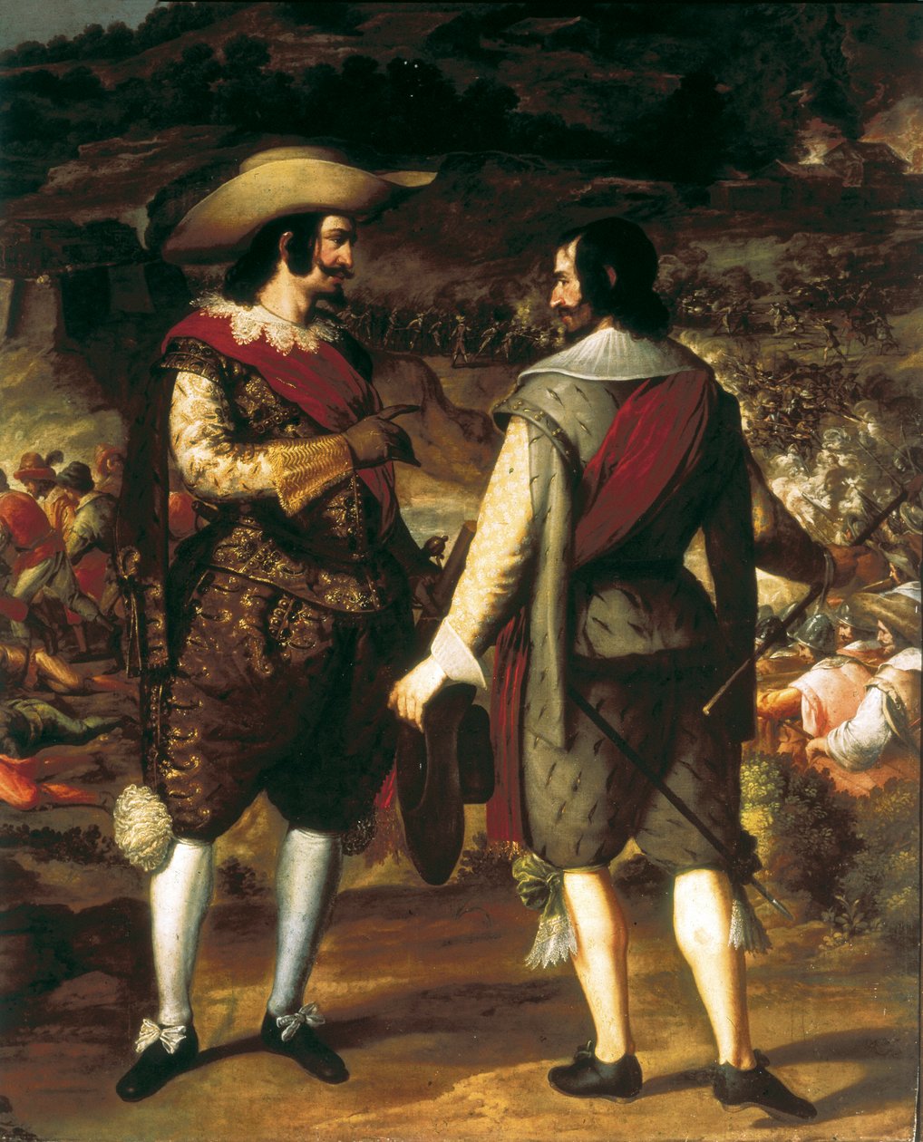 Zdobycie San Juan w Portoryko (Puerto Rico) (1625). Szczegół. Na pierwszym planie Don Juan de Haro rozmawia ze swoim asystentem. Za nim forteca strzeżona przez Hiszpanów, którzy zmuszają Holendrów do odejścia. Obraz Eugenio Caxes lub Cajes (1577-1634) autorstwa Caxesi or Caxete Eugenio Caxes