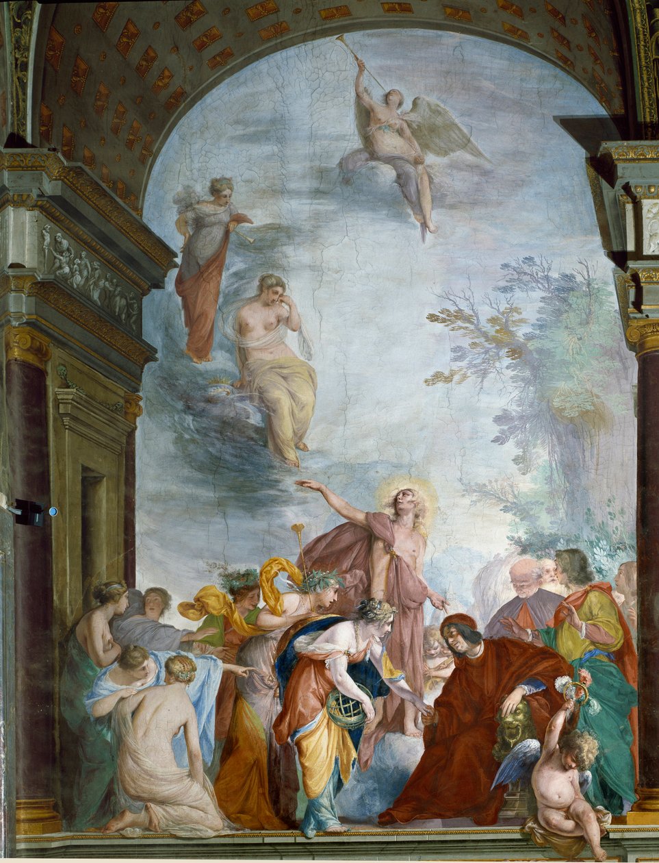 La Renommee owacjuje wyczyny Wawrzyńca Medyceusza Wspaniałego (Laurent de Medici le Magnifico) (1449-1492) Fresk Cecco Bravo (Francesco Montelatici) (1607-1661) około 1635 Florencja, Palazzo Pitti, Sala degli Argenti autorstwa Cecco  Bravo