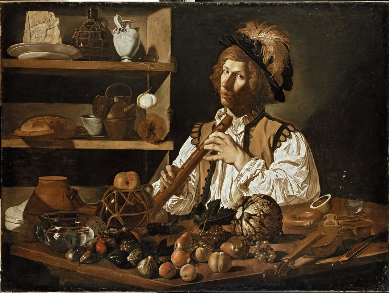 Wnętrze z martwą naturą i młodym mężczyzną trzymającym fujarkę, XVII w. autorstwa Cecco de Caravaggio