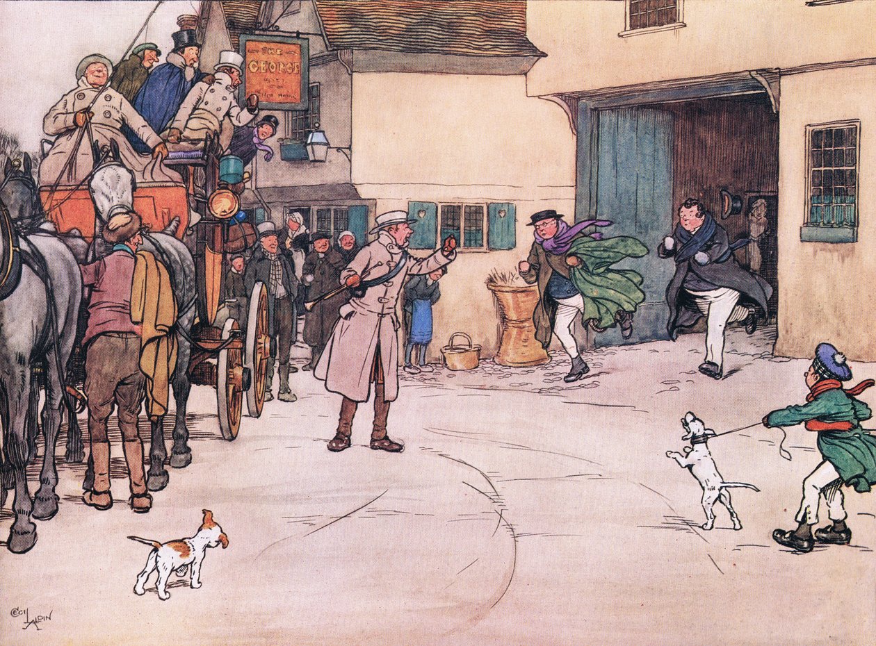 Z podwórka dobiega odległa odpowiedź, a pan Pickwick i pan Turpin zbiegli w dół autorstwa Cecil Charles Windsor Aldin