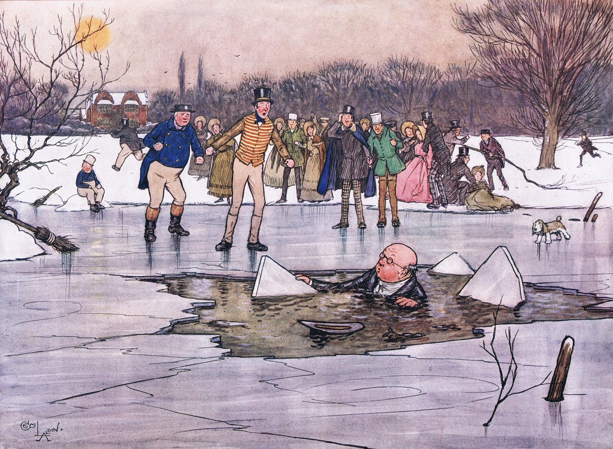 Twarz, głowa i ramiona, wynurzyła się spod wody i ujawniła rysy i okulary pana Pickwicka. autorstwa Cecil Charles Windsor Aldin