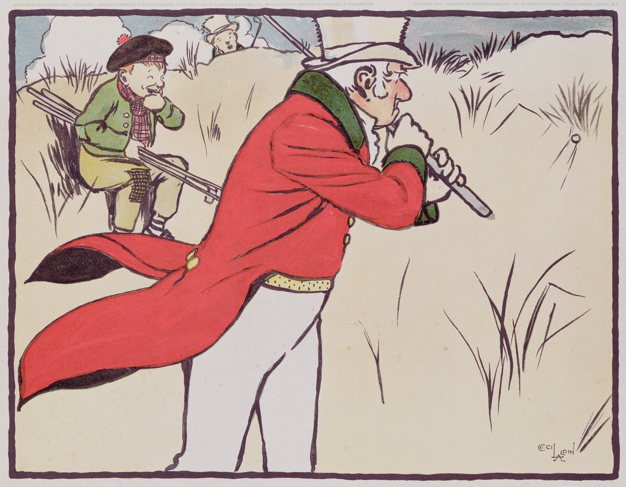 Wściekły golfista wbijający piłkę w zarośla, podczas gdy jego caddy próbuje powstrzymać się od śmiechu, 1901 autorstwa Cecil Charles Windsor Aldin