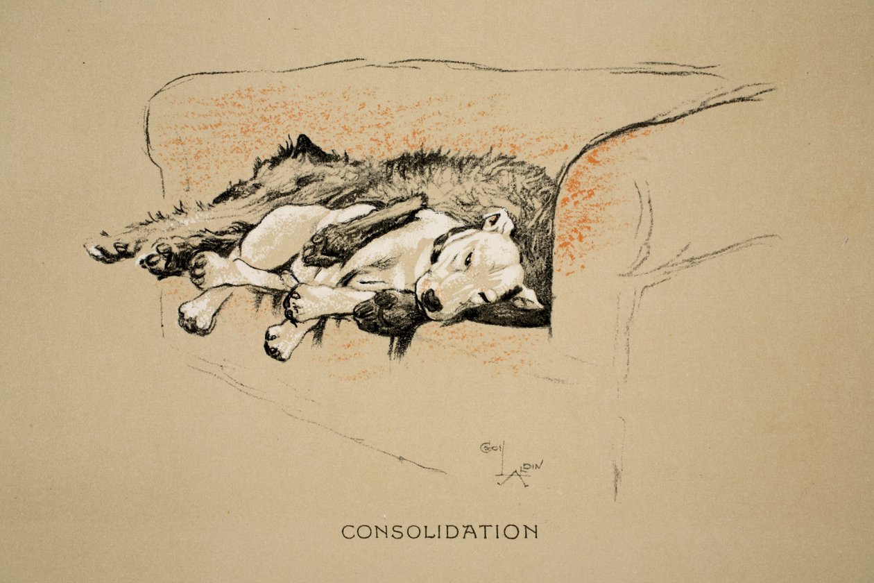 Consolation, 1930, 1. wydanie "Śpiących partnerów", Aldin, Cecil Charles Windsor (1870-1935), opublikowane przez Eyre and Spottiswoode Limited, kreda i węgiel na papierze autorstwa Cecil Charles Windsor Aldin
