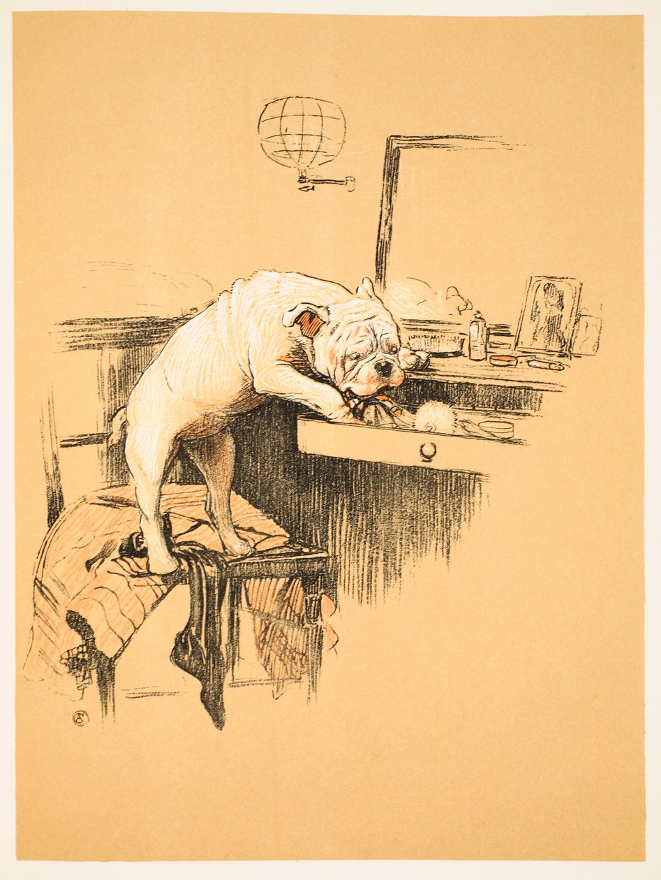 Pozostawiona sama w swojej garderobie, z książki „wesoły pies, opowieść o głupim roku” Aldin, Cecil Charles Windsor (1870-1935), opublikował William Heineman, 1905. Ilustracja, 1. wydanie, Kreda i kredka na Pa autorstwa Cecil Charles Windsor Aldin