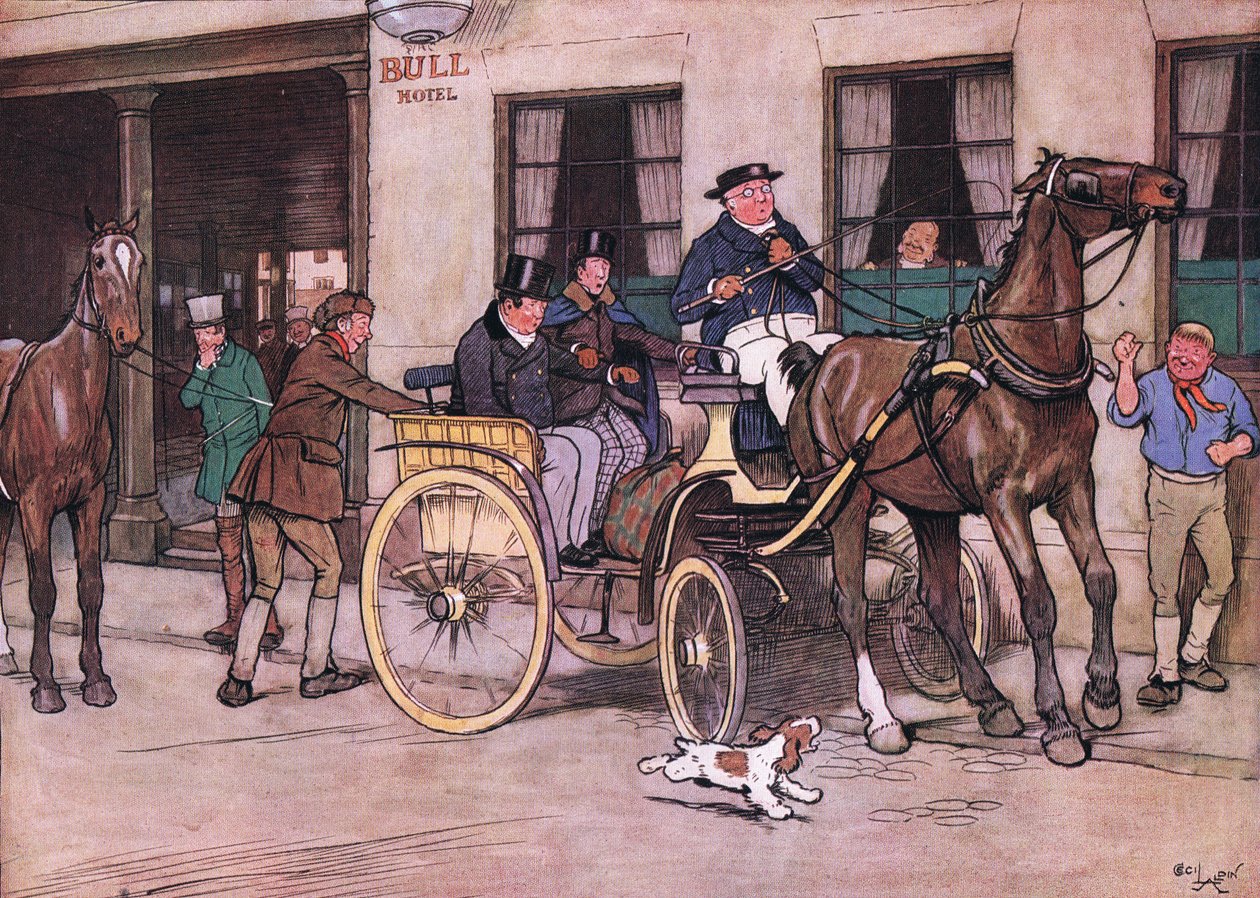 Wo-o! zawołał pan Pickwick. Wo-o! powtórzył pan Tupman, a pan Snodgrass z kosza autorstwa Cecil Charles Windsor Aldin