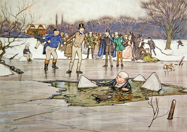 „Twarz, głowa, ramiona wynurzyły się spod wody i odsłoniły rysy i okulary pana Pickwicka” autorstwa Cecil Charles Windsor Aldin