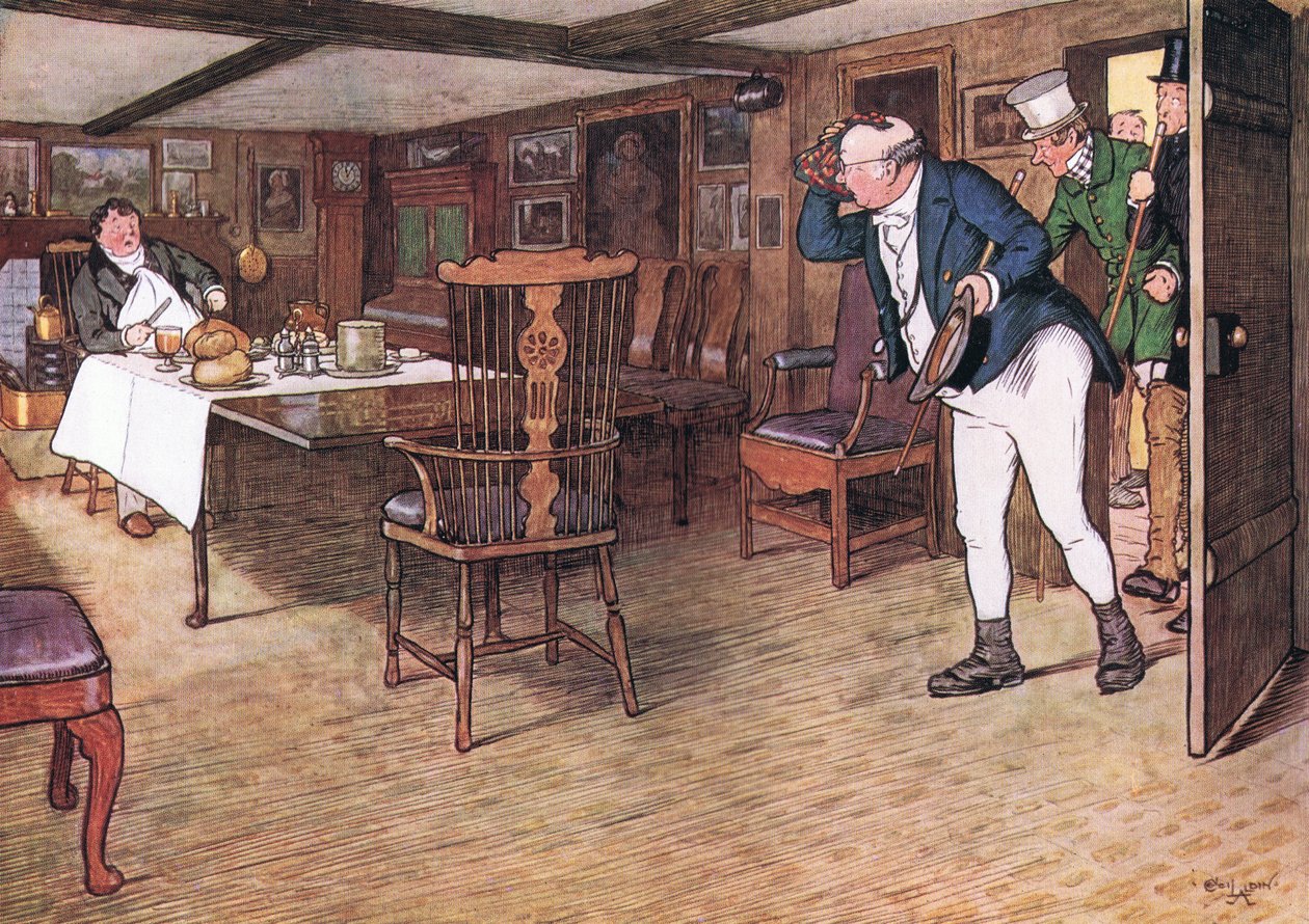 Przy stole siedział pan Tupman, wyglądając jak człowiek, który pożegnał się z tym światem (kolor lito) autorstwa Cecil Charles Windsor Aldin